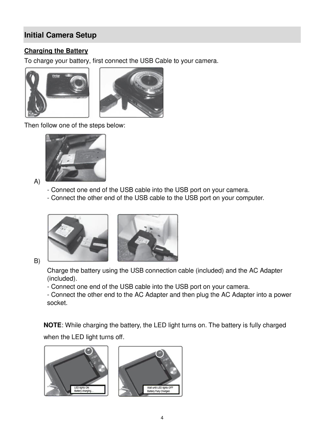 Vivitar F127 user manual Initial Camera Setup, Charging the Battery 