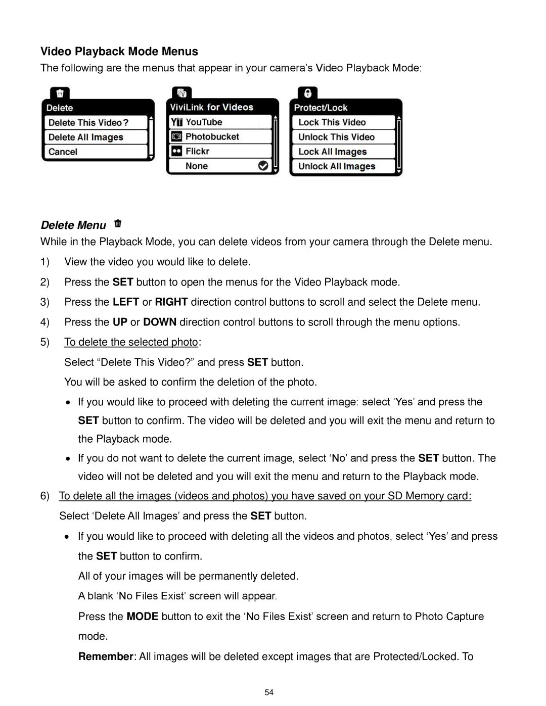 Vivitar F127 user manual Video Playback Mode Menus, Delete Menu 