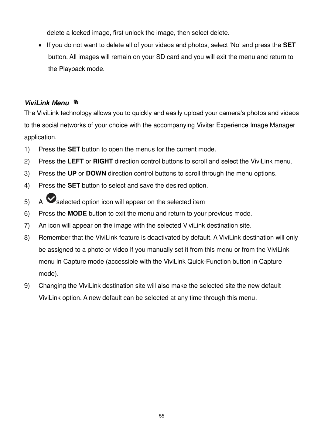 Vivitar F127 user manual ViviLink Menu 