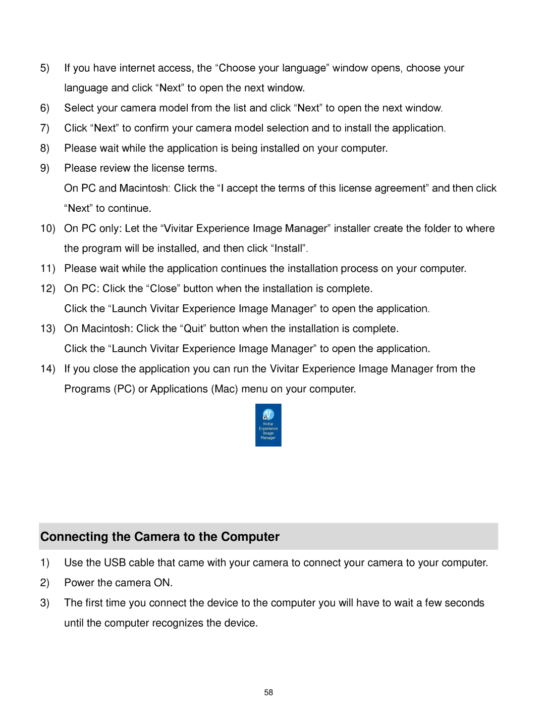 Vivitar F127 user manual Connecting the Camera to the Computer 