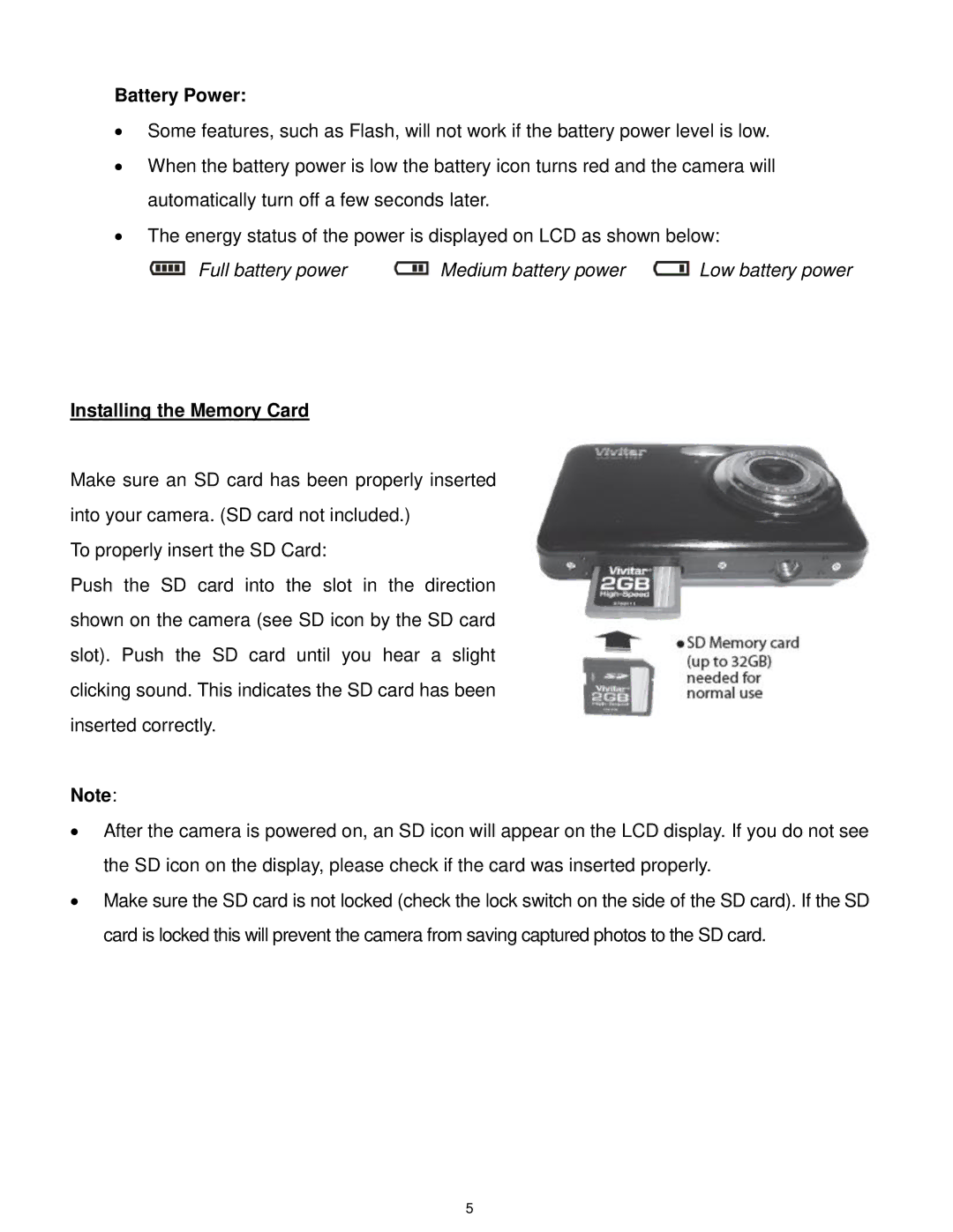 Vivitar F127 user manual Battery Power, Installing the Memory Card 