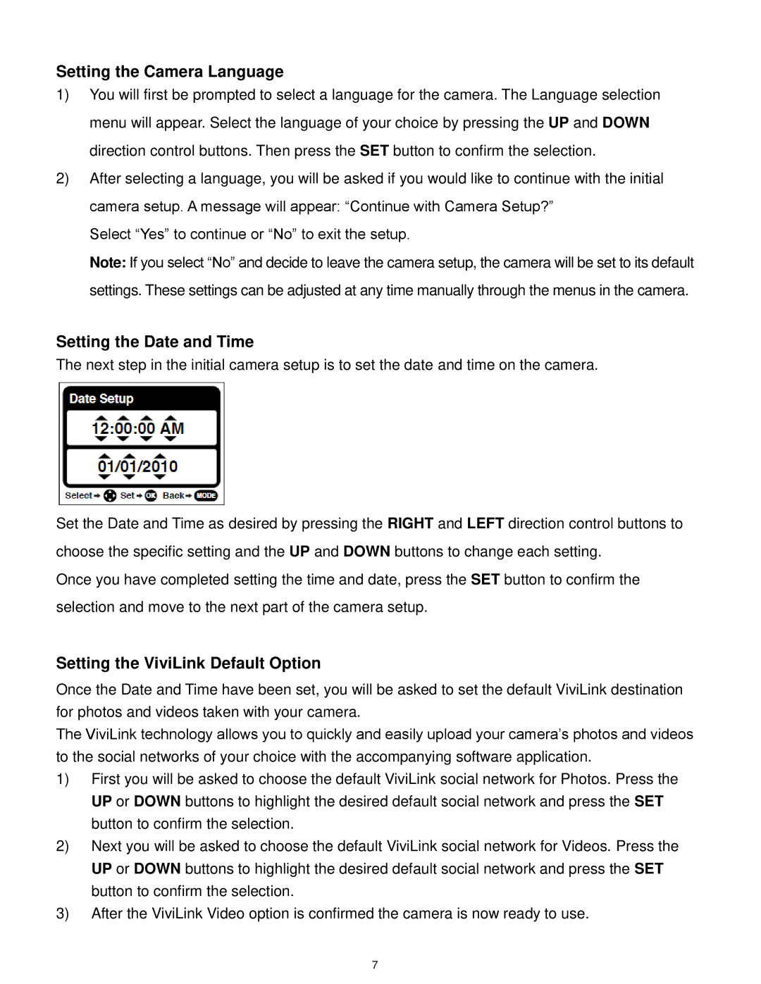 Vivitar F127 user manual Setting the Camera Language, Setting the Date and Time, Setting the ViviLink Default Option 