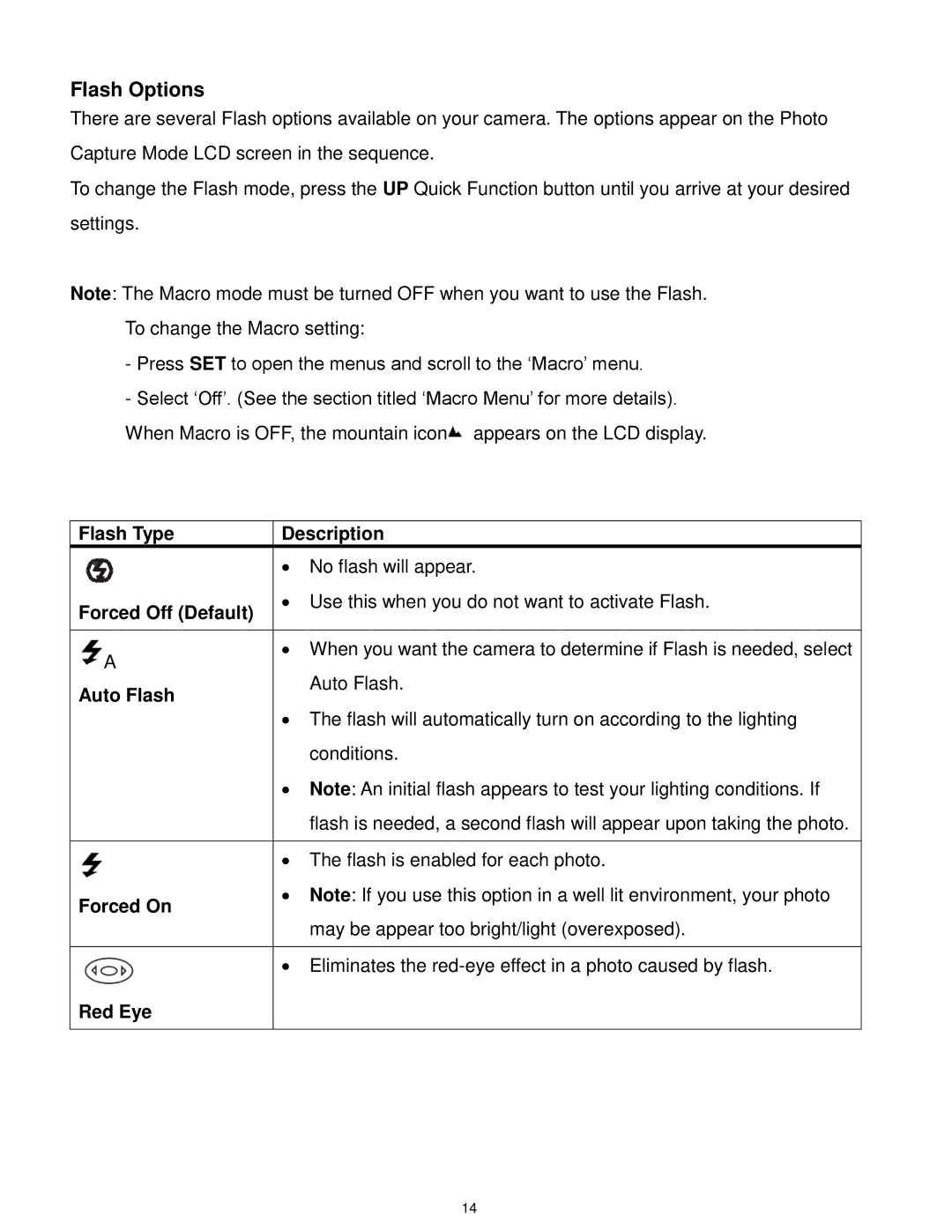 Vivitar F332 user manual Flash Options 