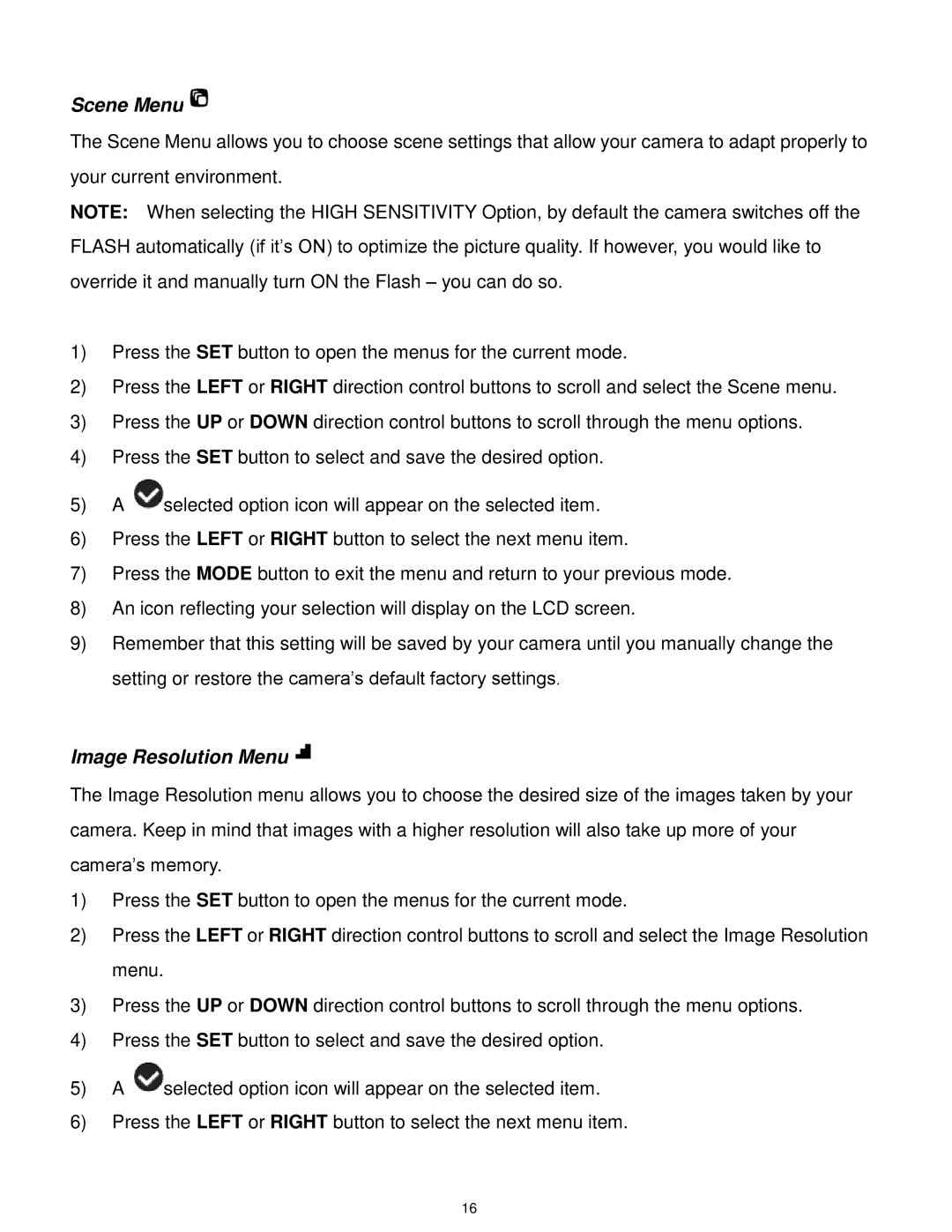 Vivitar F332 user manual Scene Menu, Image Resolution Menu 