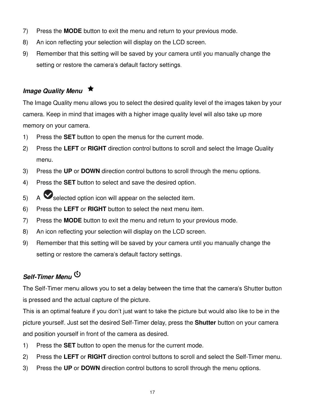 Vivitar F332 user manual Image Quality Menu, Self-Timer Menu 