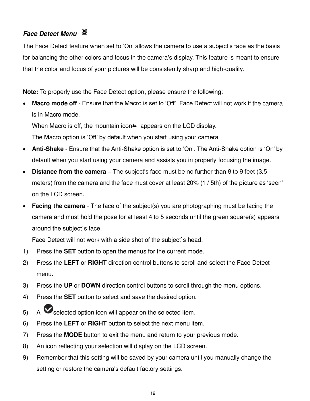 Vivitar F332 user manual Face Detect Menu 