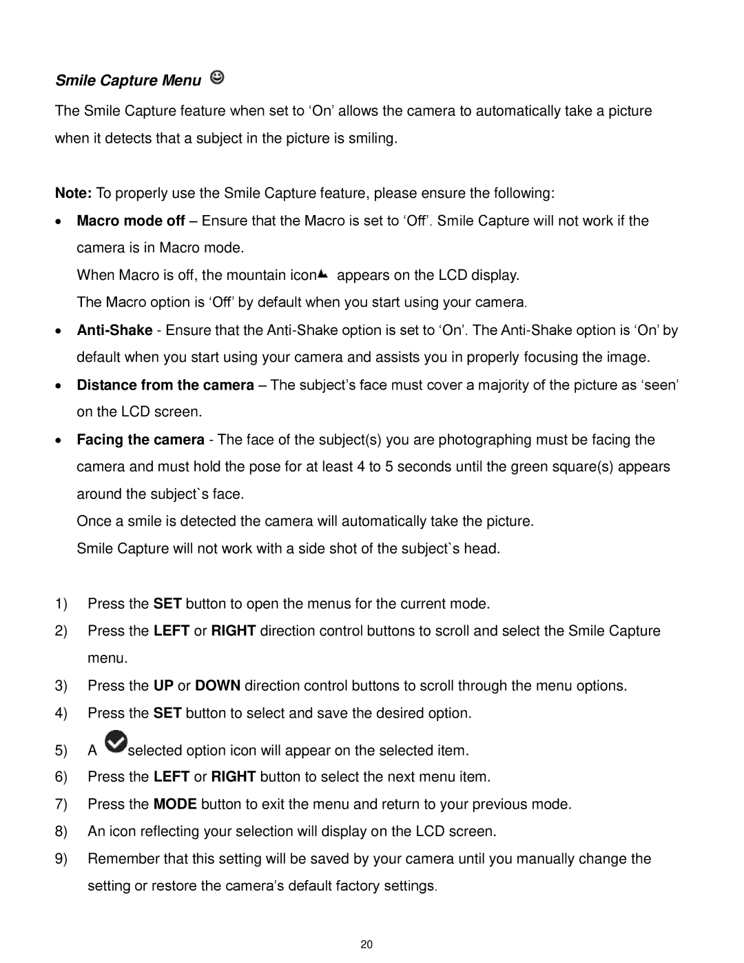 Vivitar F332 user manual Smile Capture Menu 