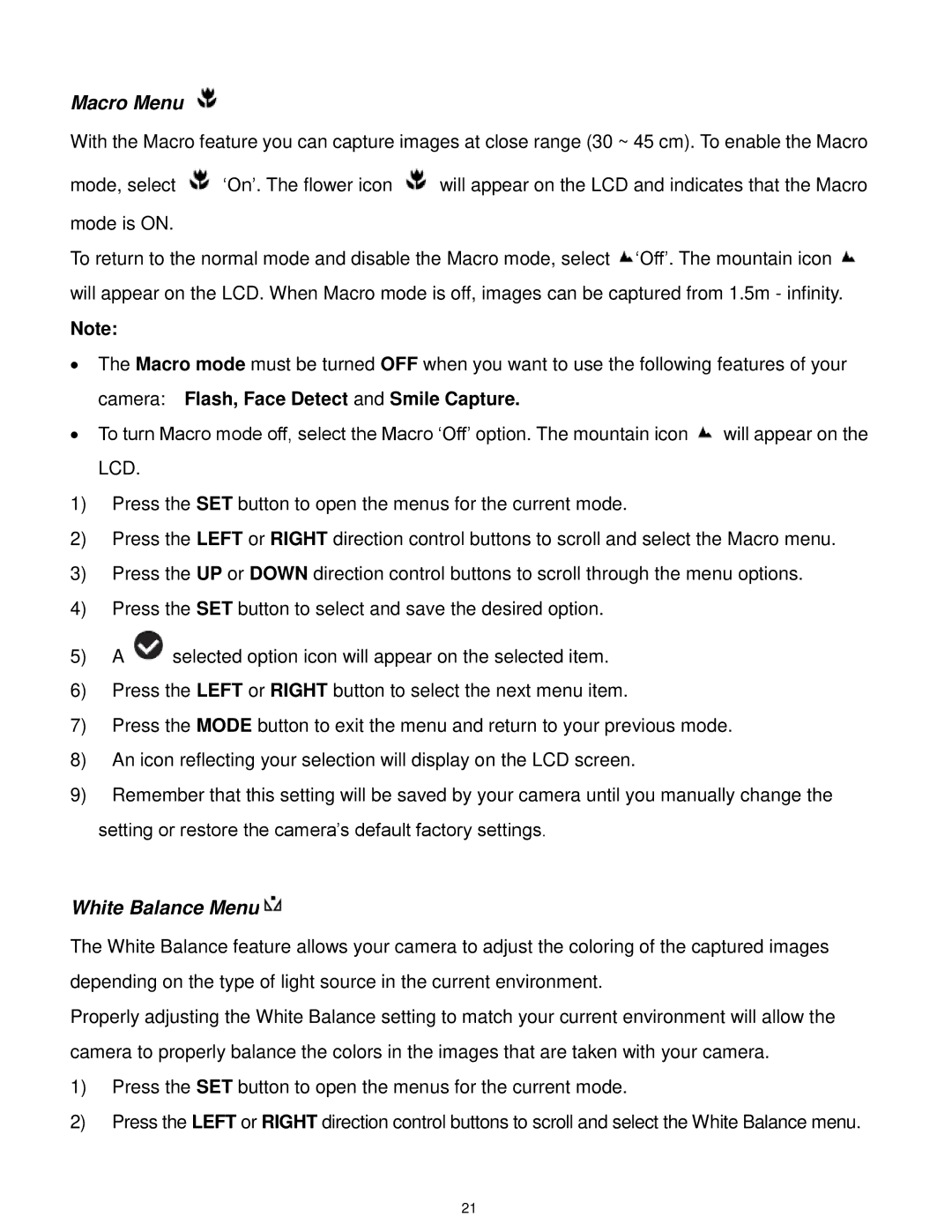 Vivitar F332 user manual Macro Menu, White Balance Menu 