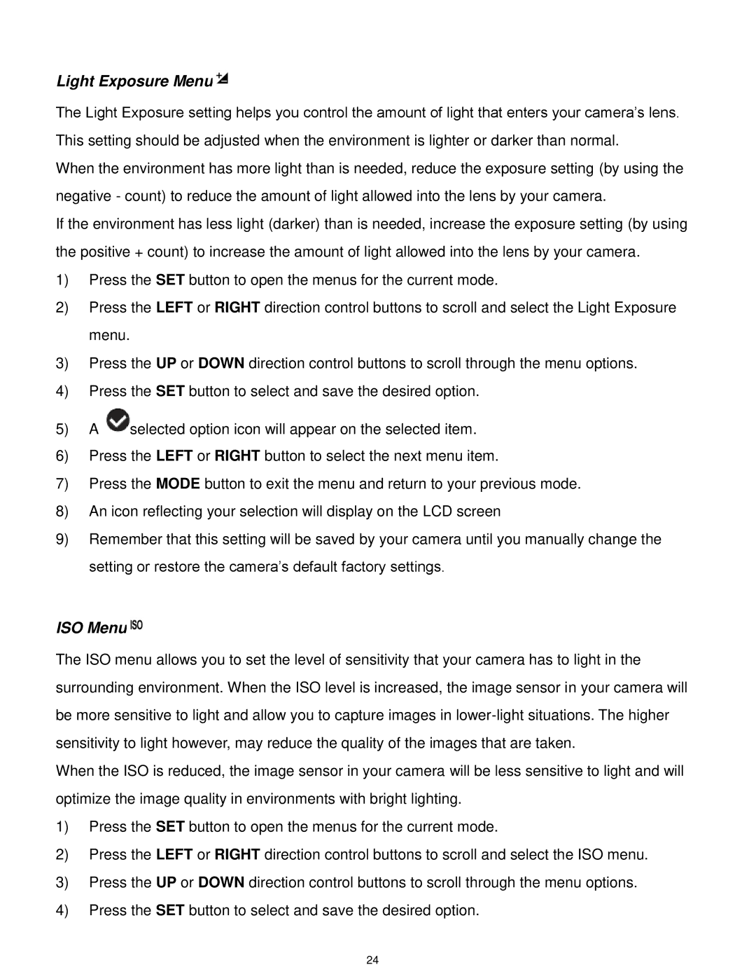 Vivitar F332 user manual Light Exposure Menu, ISO Menu 