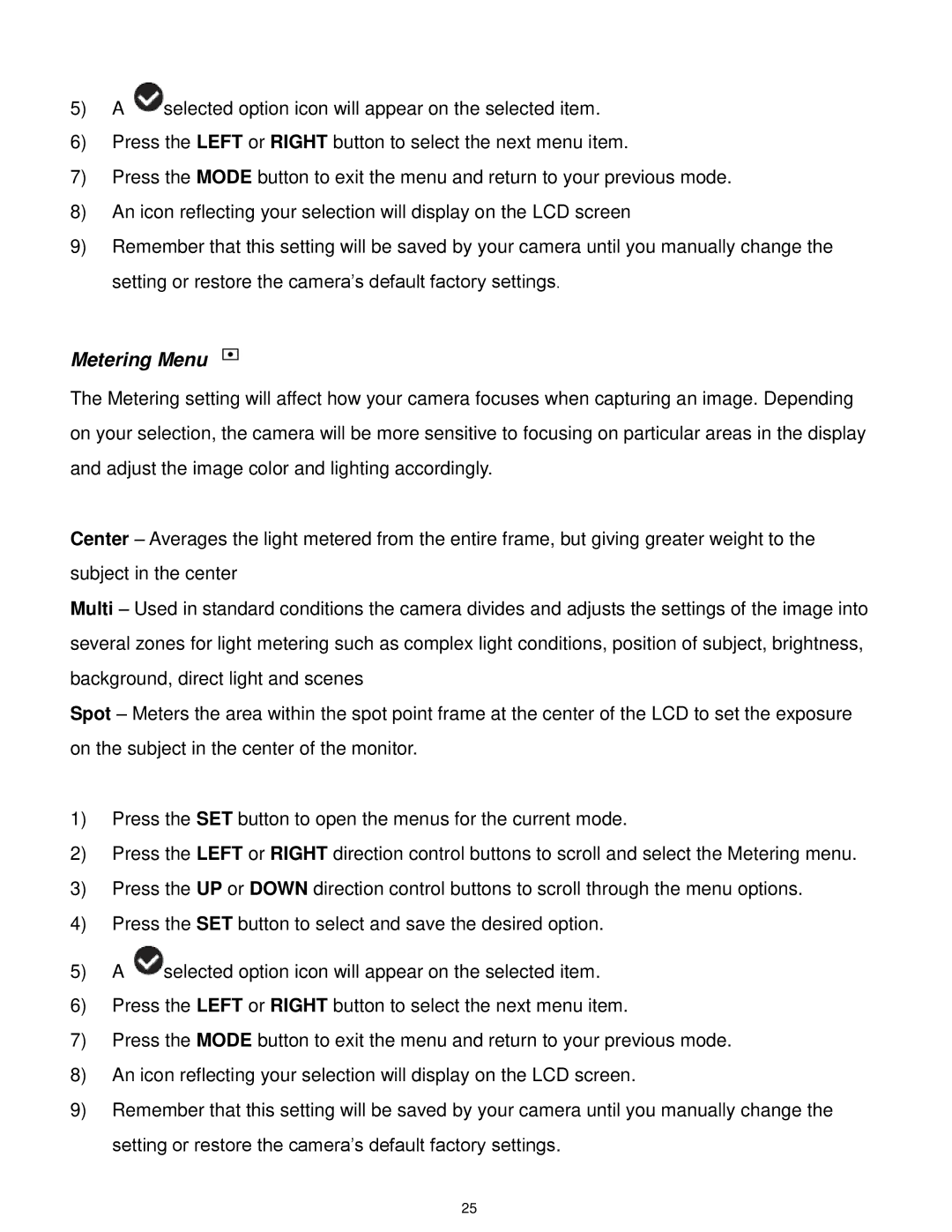 Vivitar F332 user manual Metering Menu 