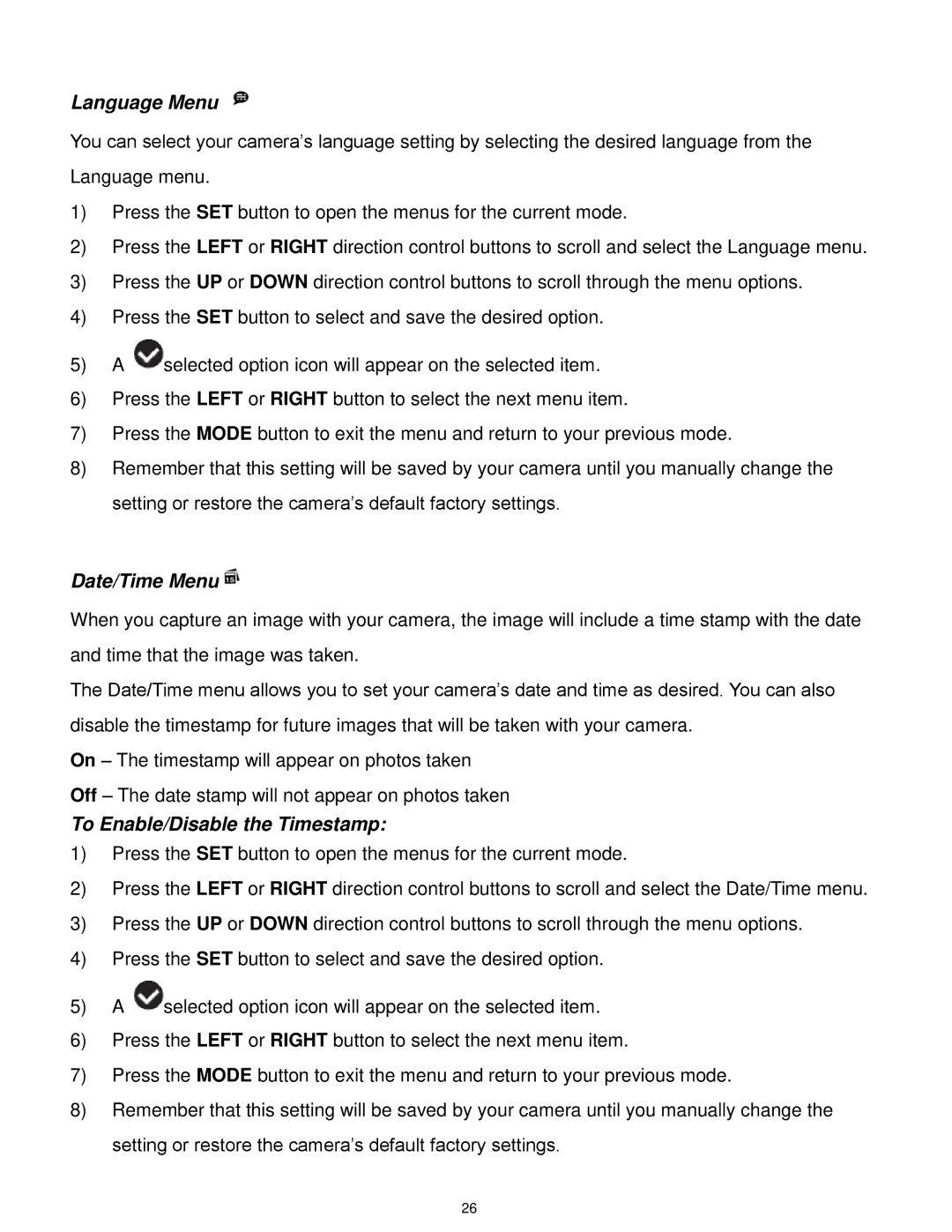 Vivitar F332 user manual Language Menu, Date/Time Menu, To Enable/Disable the Timestamp 