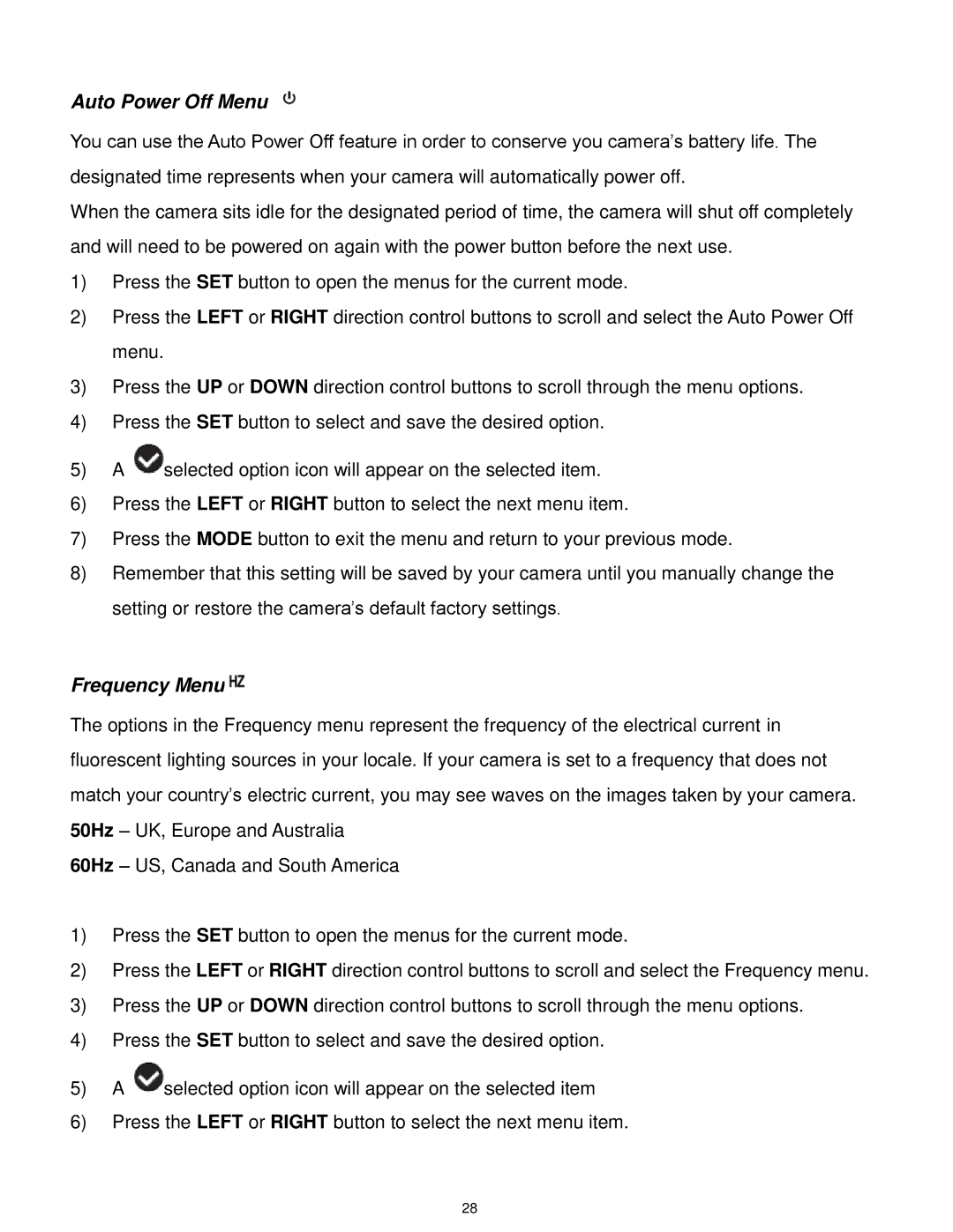 Vivitar F332 user manual Auto Power Off Menu, Frequency Menu 