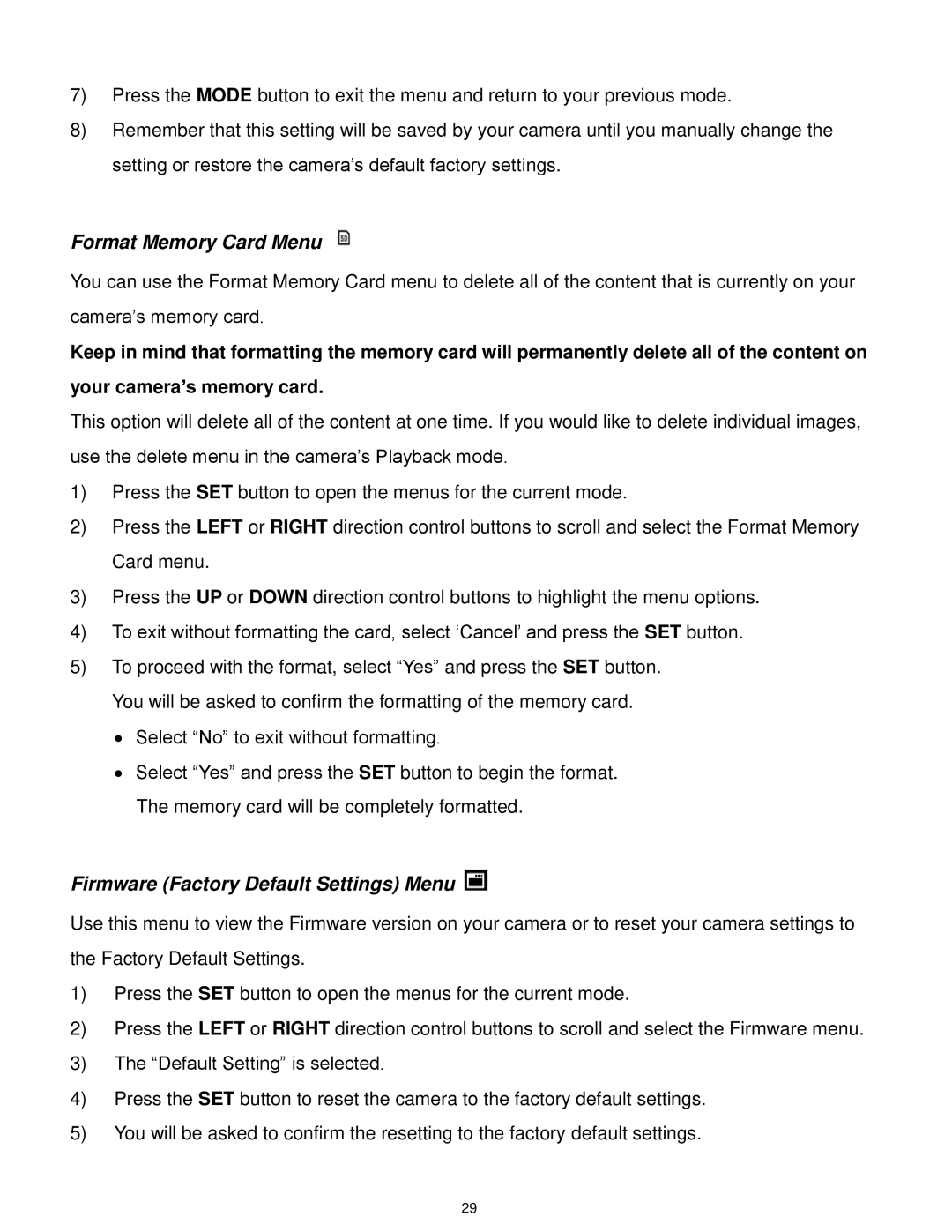 Vivitar F332 user manual Format Memory Card Menu, Firmware Factory Default Settings Menu 