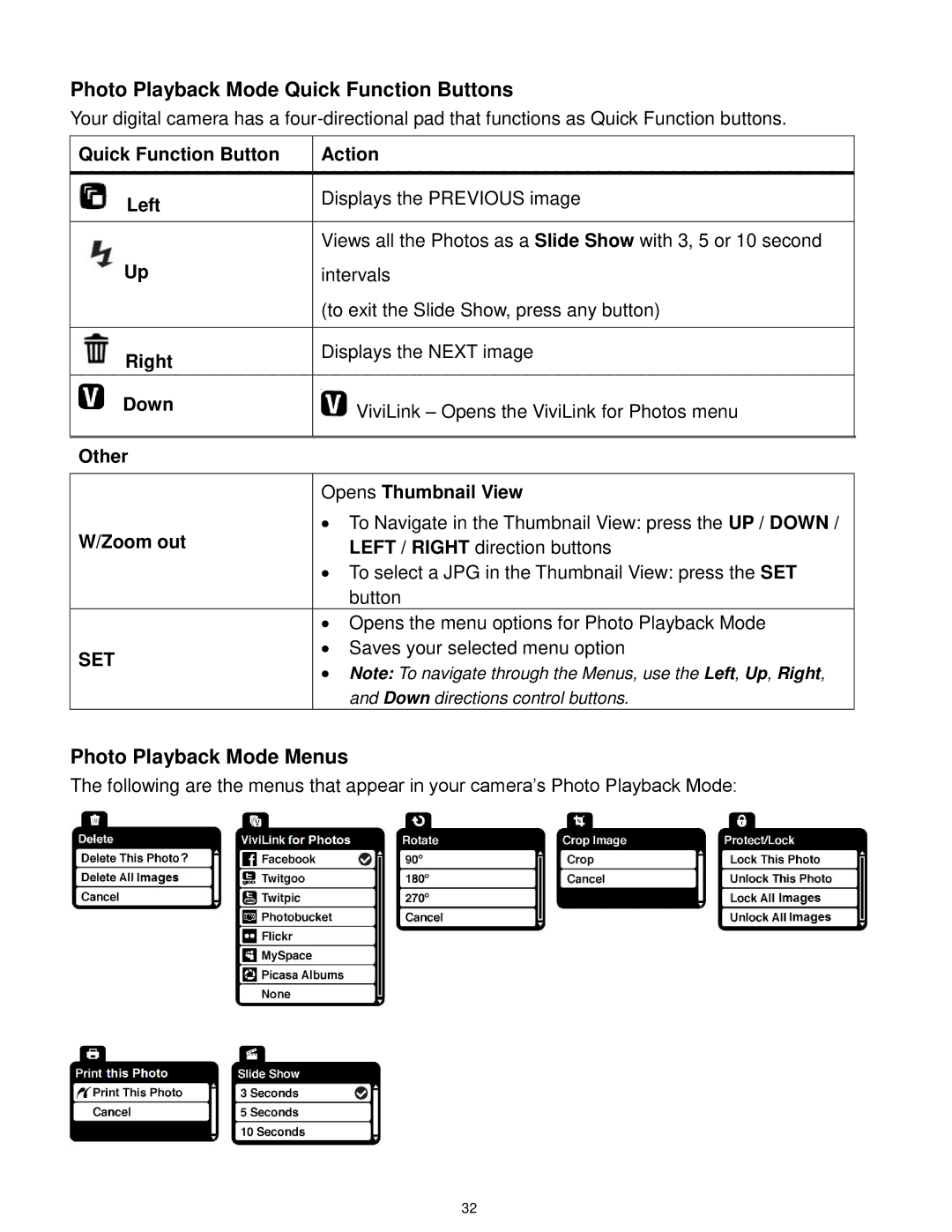 Vivitar F332 Photo Playback Mode Quick Function Buttons, Photo Playback Mode Menus, Quick Function Button Action Left 