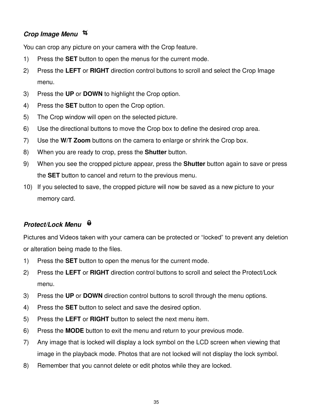 Vivitar F332 user manual Crop Image Menu, Protect/Lock Menu 