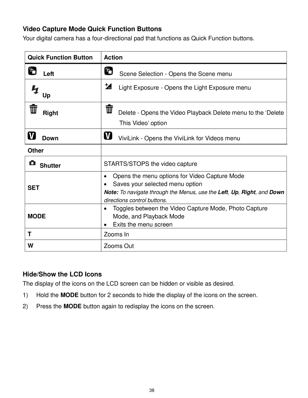 Vivitar F332 user manual Video Capture Mode Quick Function Buttons, Quick Function Button Action Left 