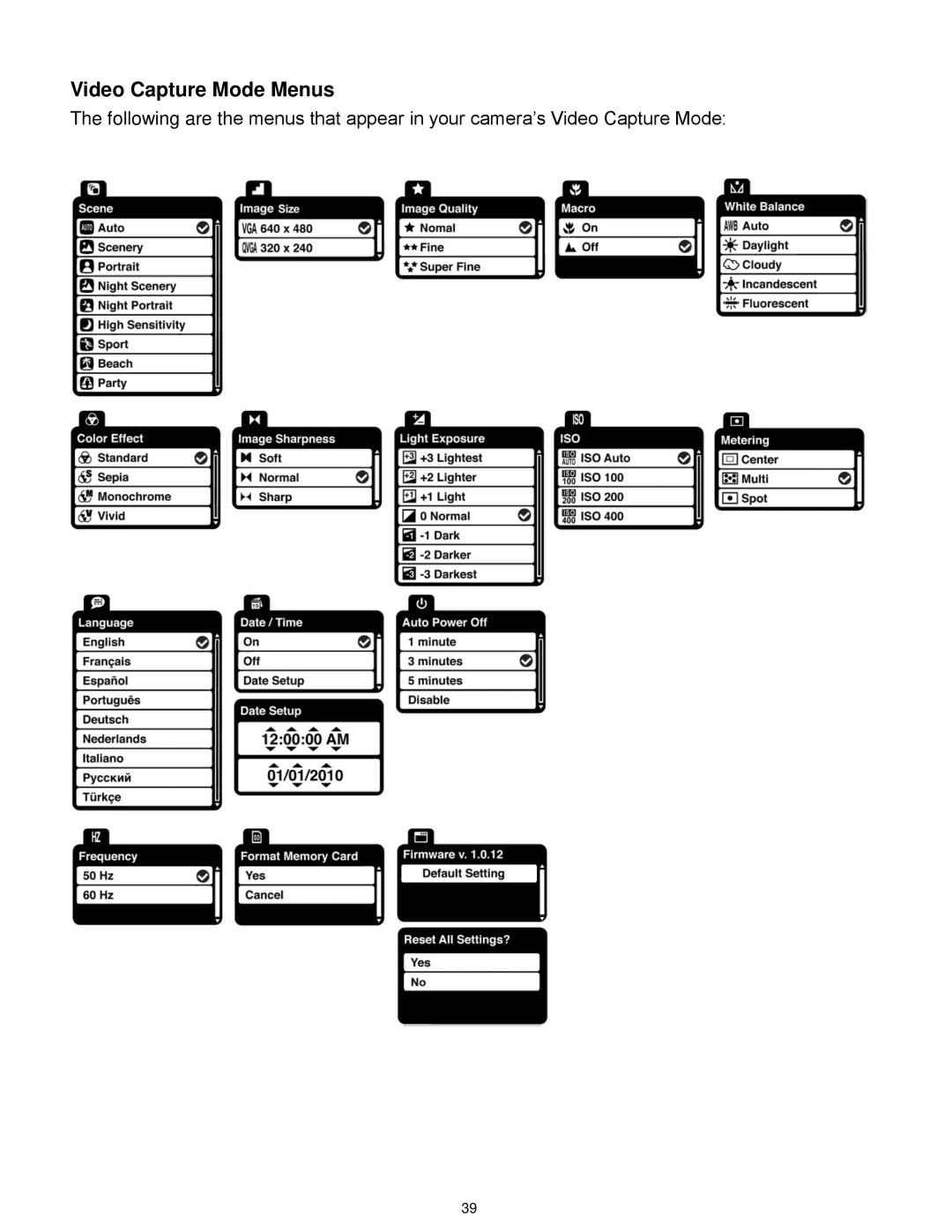 Vivitar F332 user manual Video Capture Mode Menus 