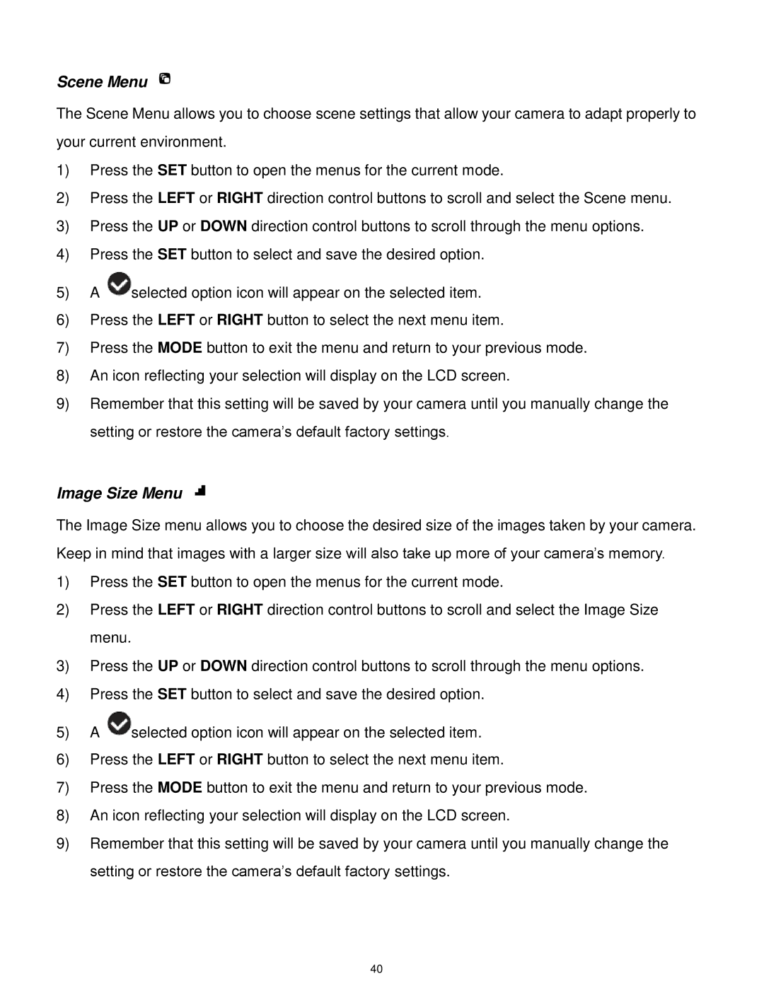 Vivitar F332 user manual Scene Menu, Image Size Menu 