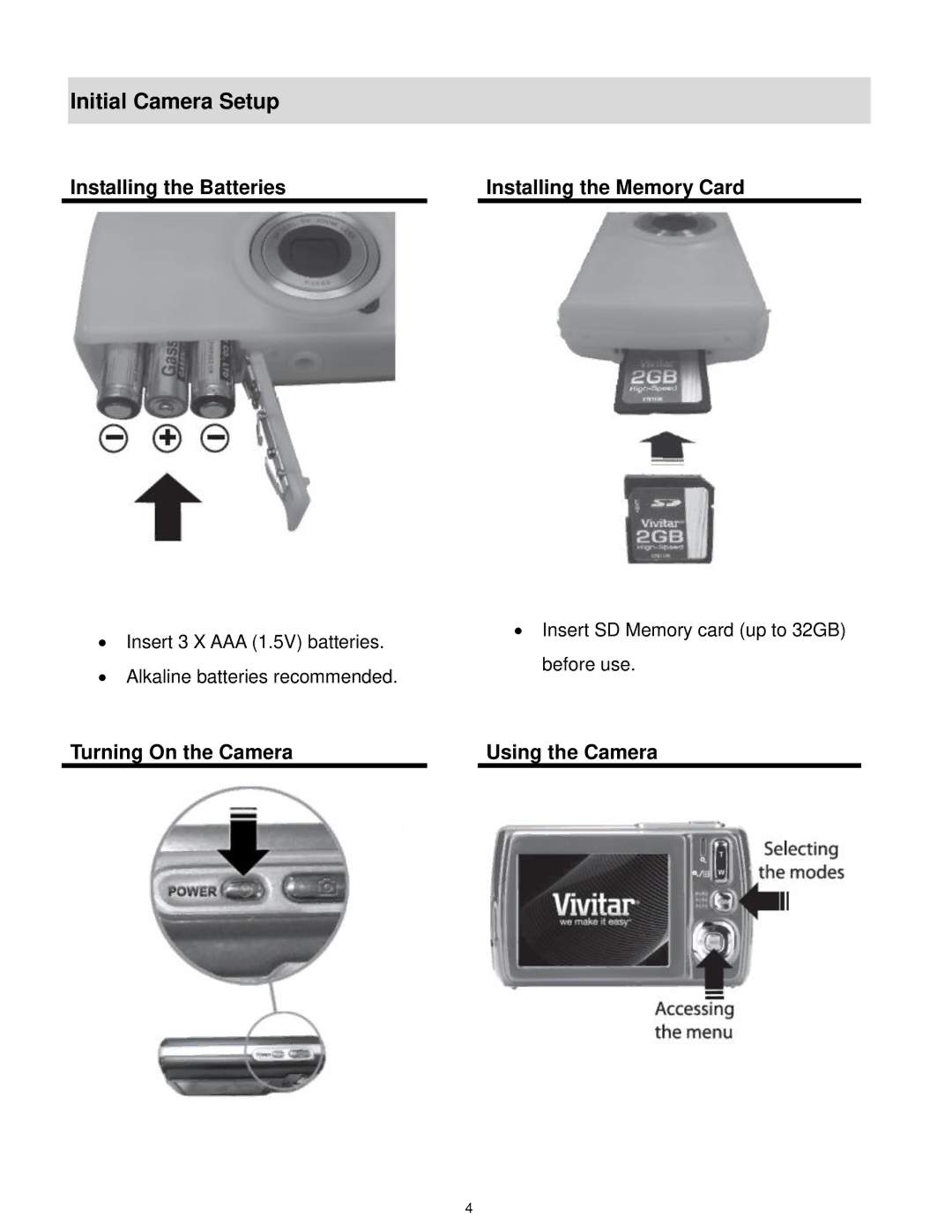 Vivitar F332 user manual Initial Camera Setup, Installing the Batteries Installing the Memory Card 