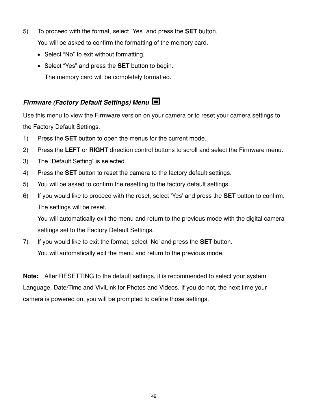 Vivitar F332 user manual Firmware Factory Default Settings Menu 