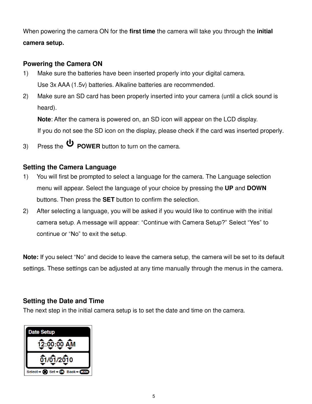 Vivitar F332 user manual Powering the Camera on, Setting the Camera Language, Setting the Date and Time, Camera setup 