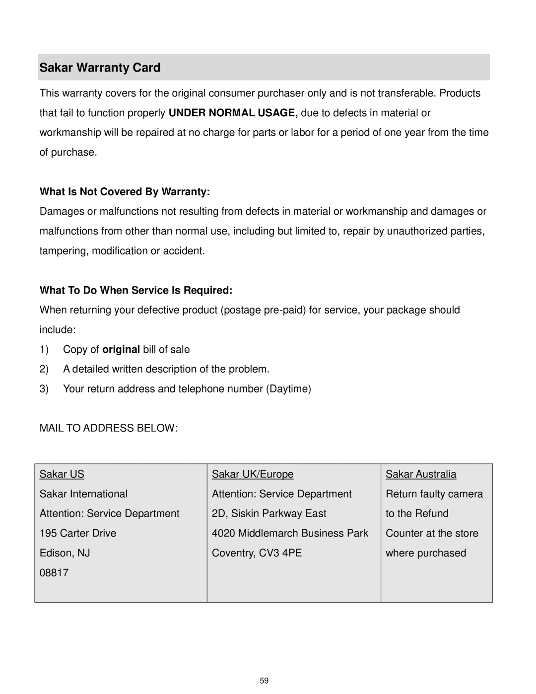 Vivitar F332 user manual Sakar Warranty Card, What Is Not Covered By Warranty, What To Do When Service Is Required 