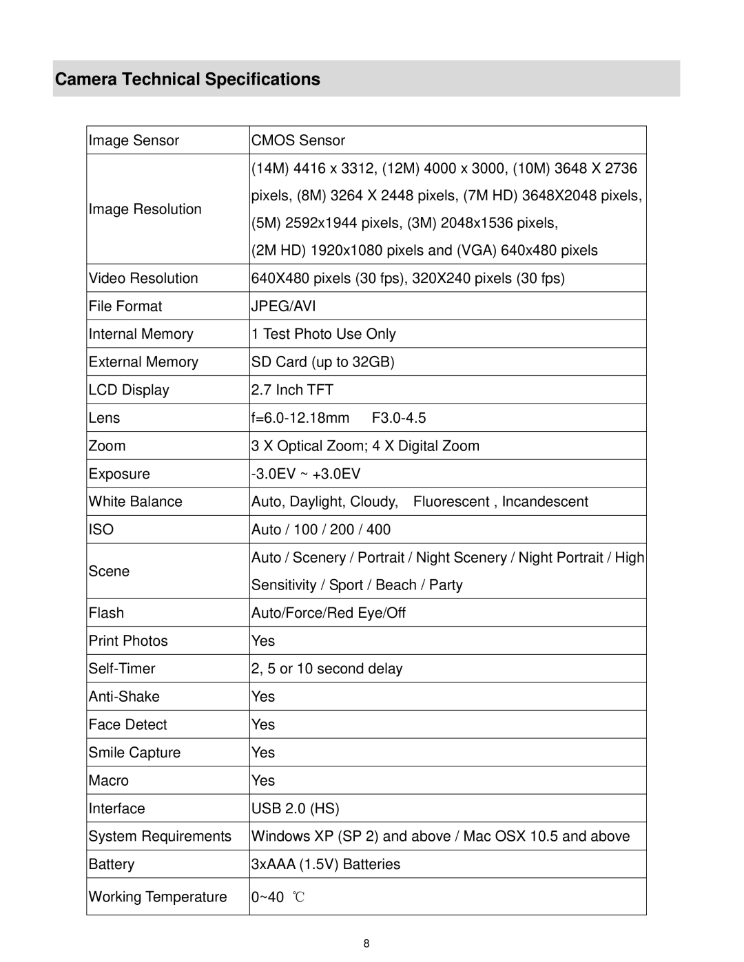 Vivitar F332 user manual Camera Technical Specifications, Jpeg/Avi 