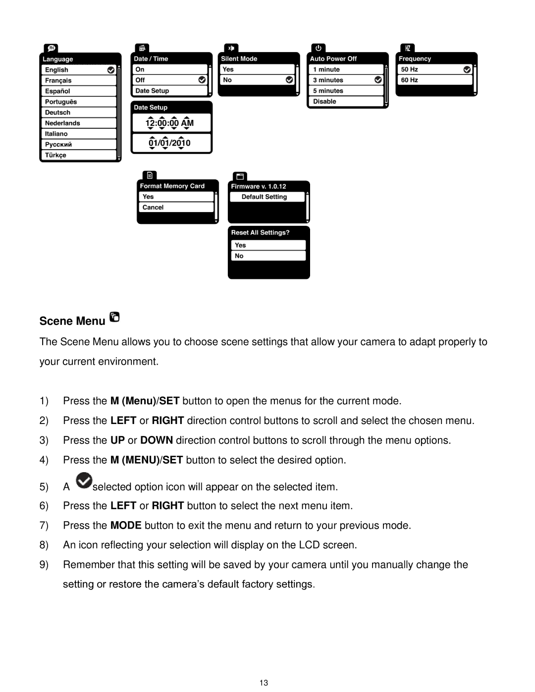 Vivitar F529 user manual Scene Menu 