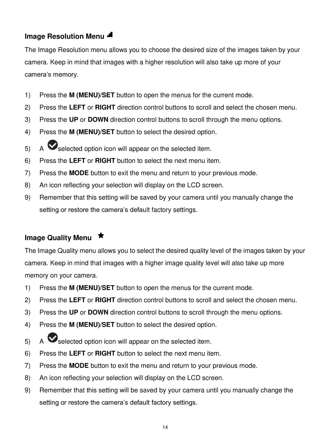 Vivitar F529 user manual Image Resolution Menu, Image Quality Menu 