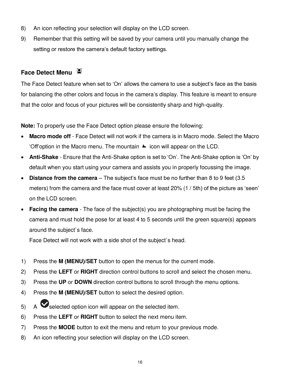 Vivitar F529 user manual Face Detect Menu 