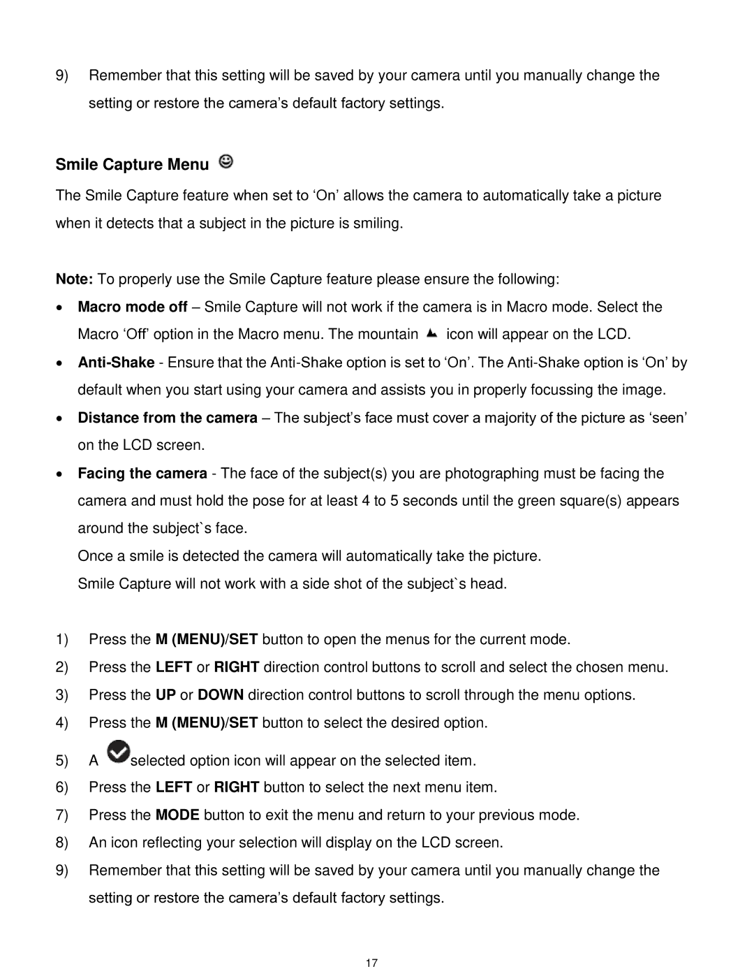 Vivitar F529 user manual Smile Capture Menu 