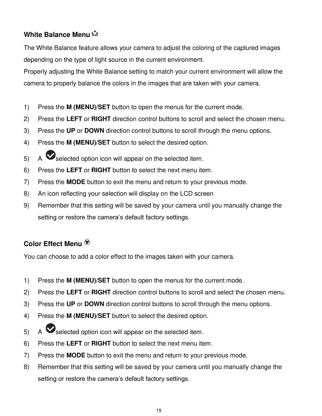 Vivitar F529 user manual White Balance Menu, Color Effect Menu 