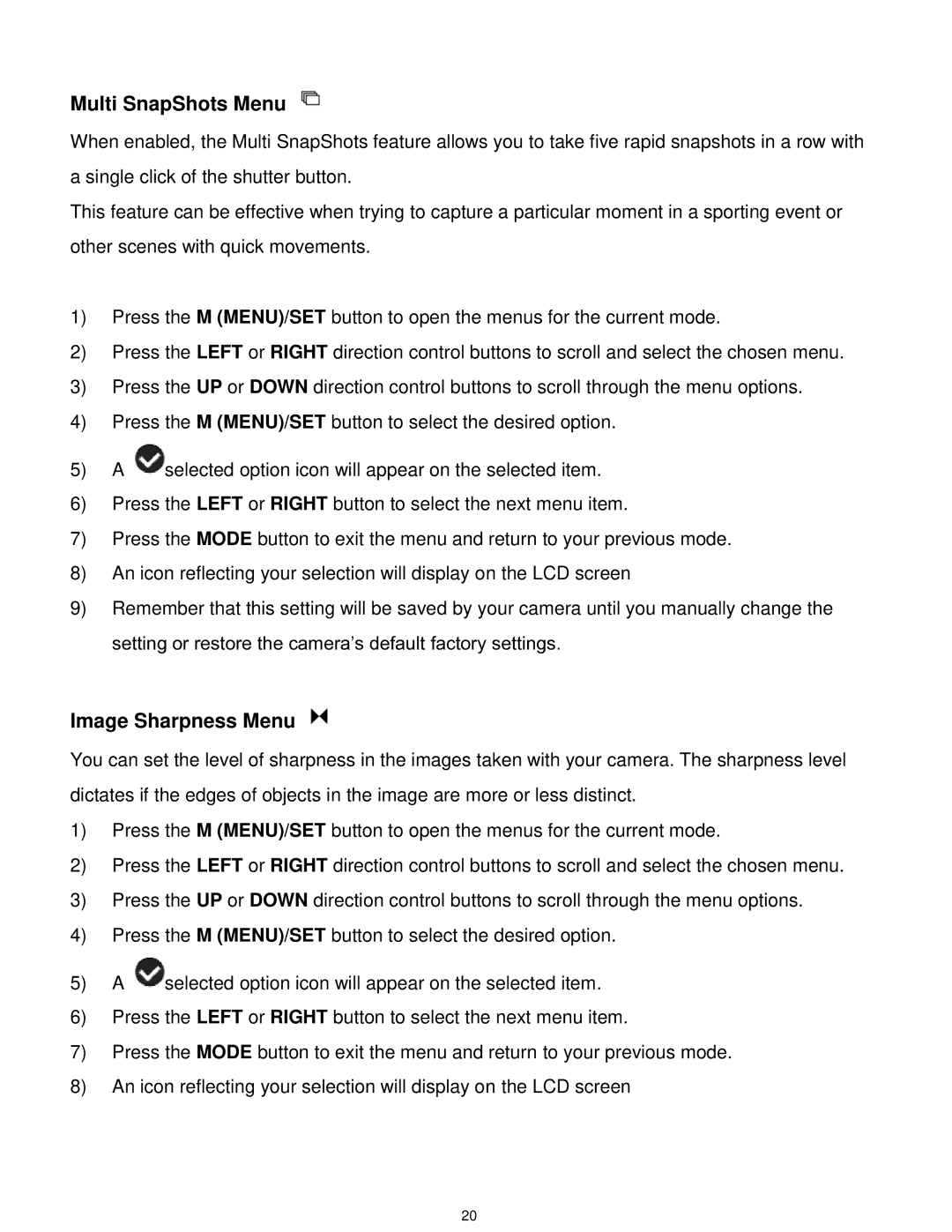 Vivitar F529 user manual Multi SnapShots Menu, Image Sharpness Menu 