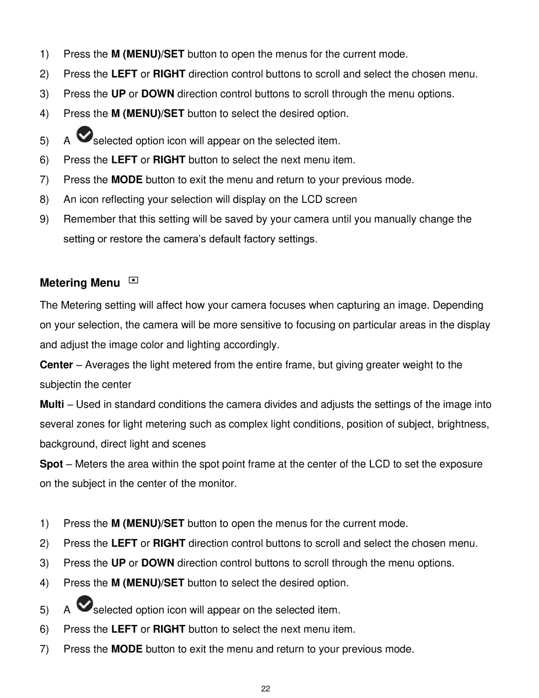 Vivitar F529 user manual Metering Menu 