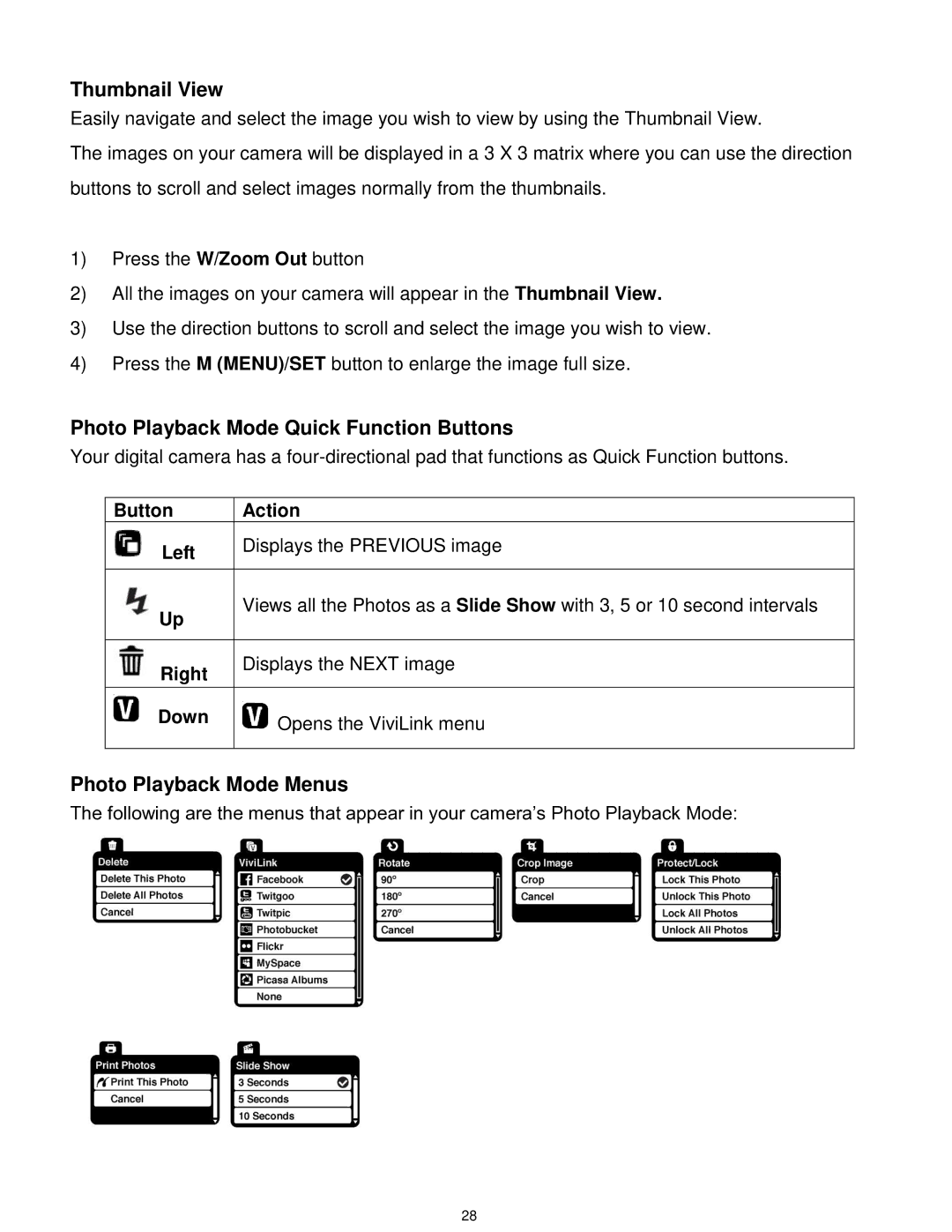 Vivitar F529 user manual Thumbnail View, Photo Playback Mode Quick Function Buttons, Photo Playback Mode Menus 