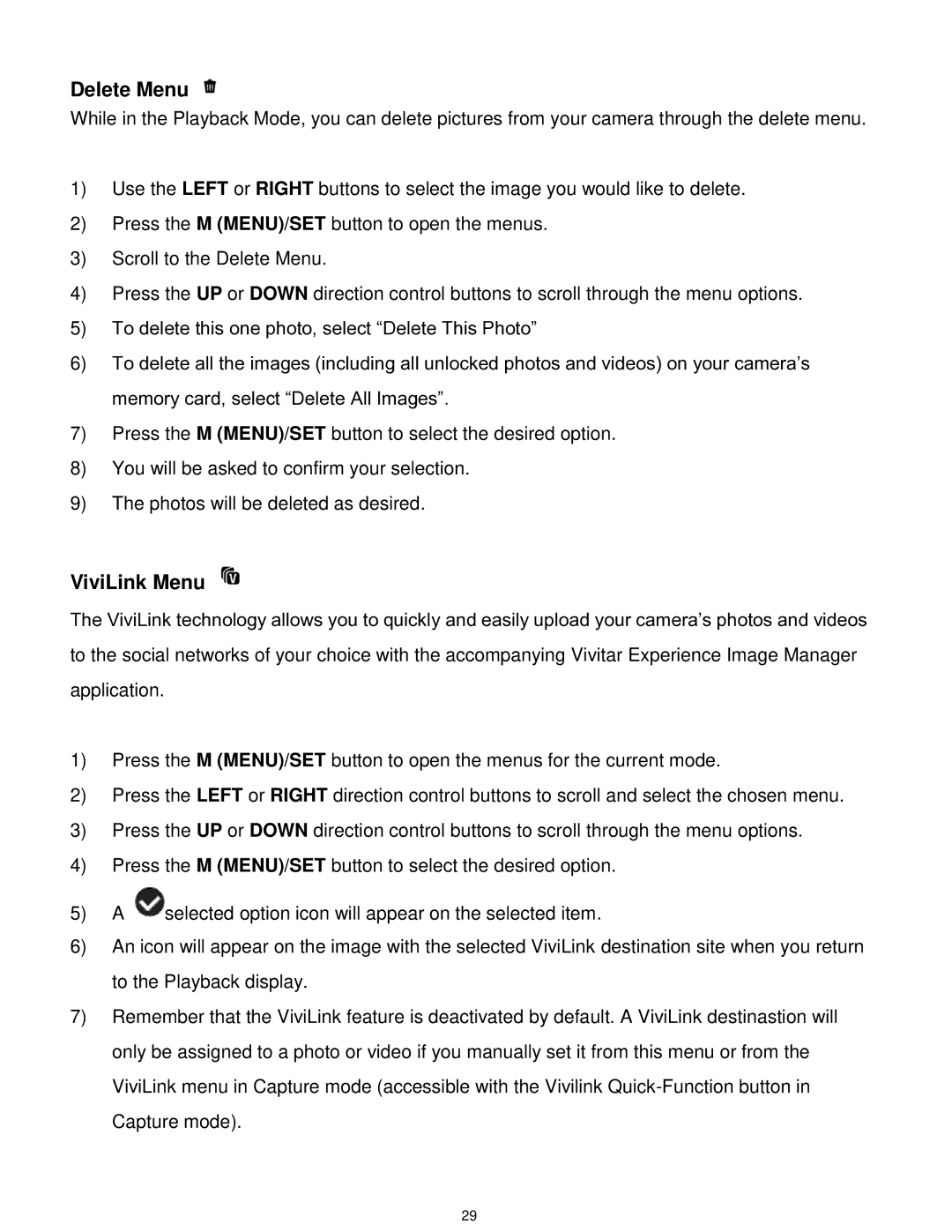 Vivitar F529 user manual Delete Menu, ViviLink Menu 