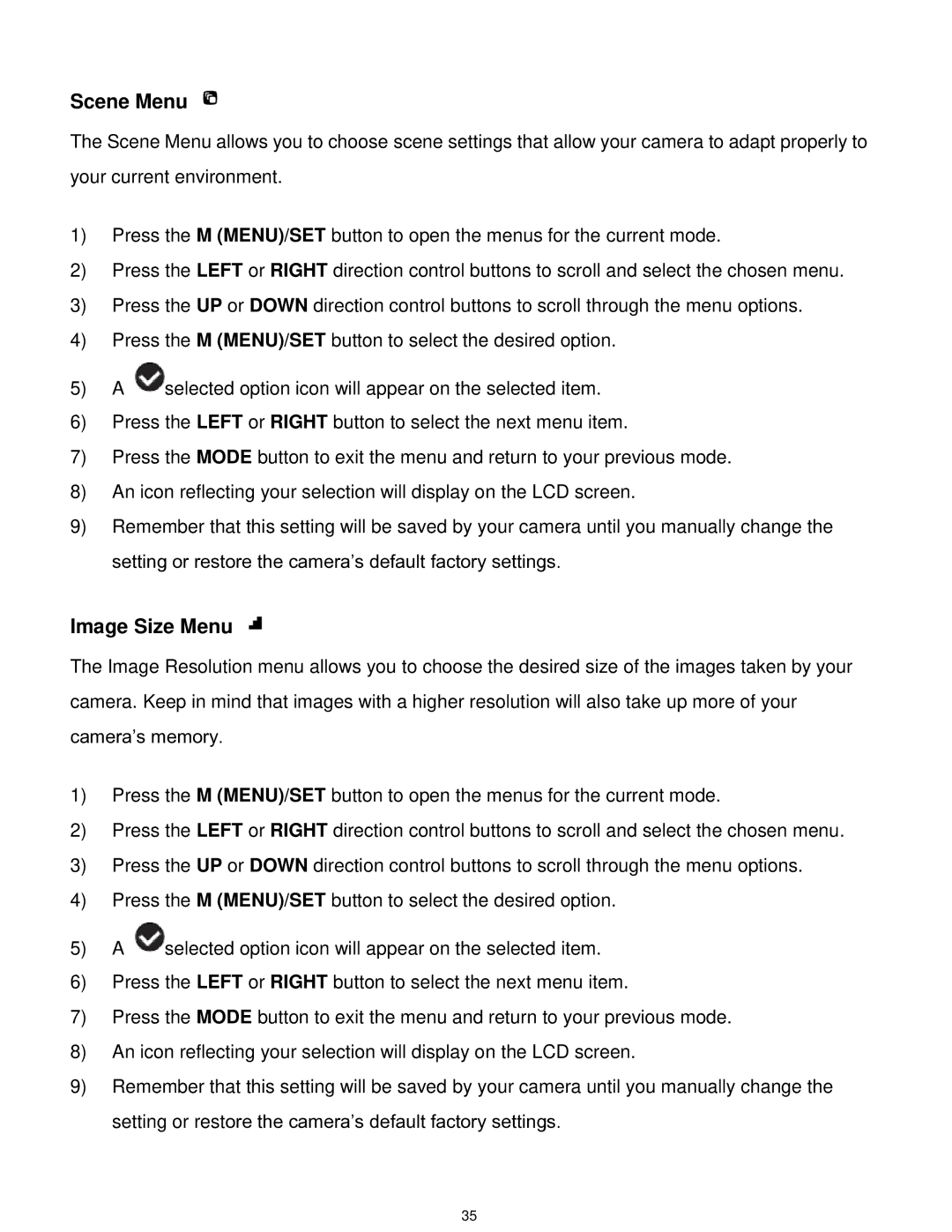 Vivitar F529 user manual Scene Menu, Image Size Menu 