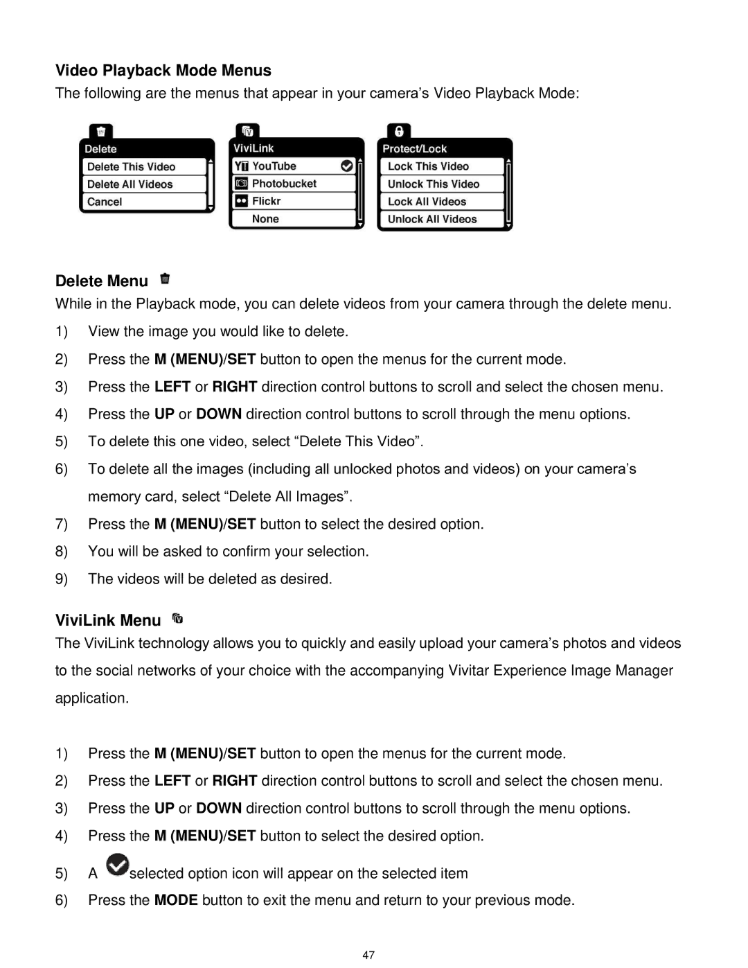 Vivitar F529 user manual Video Playback Mode Menus, Delete Menu 