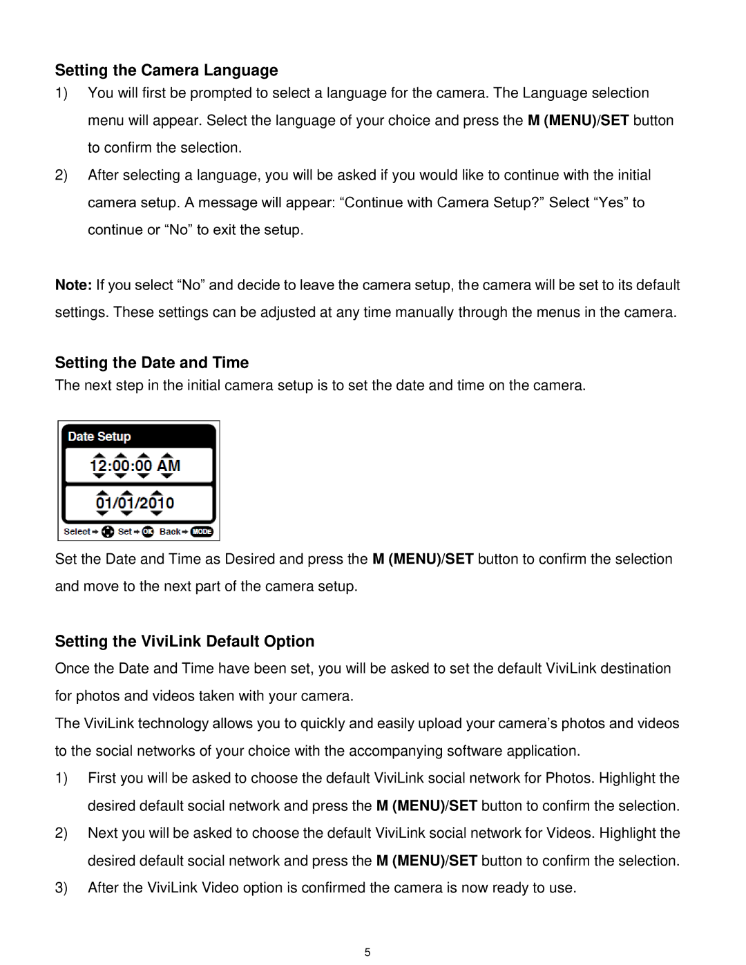 Vivitar F529 user manual Setting the Camera Language, Setting the Date and Time, Setting the ViviLink Default Option 