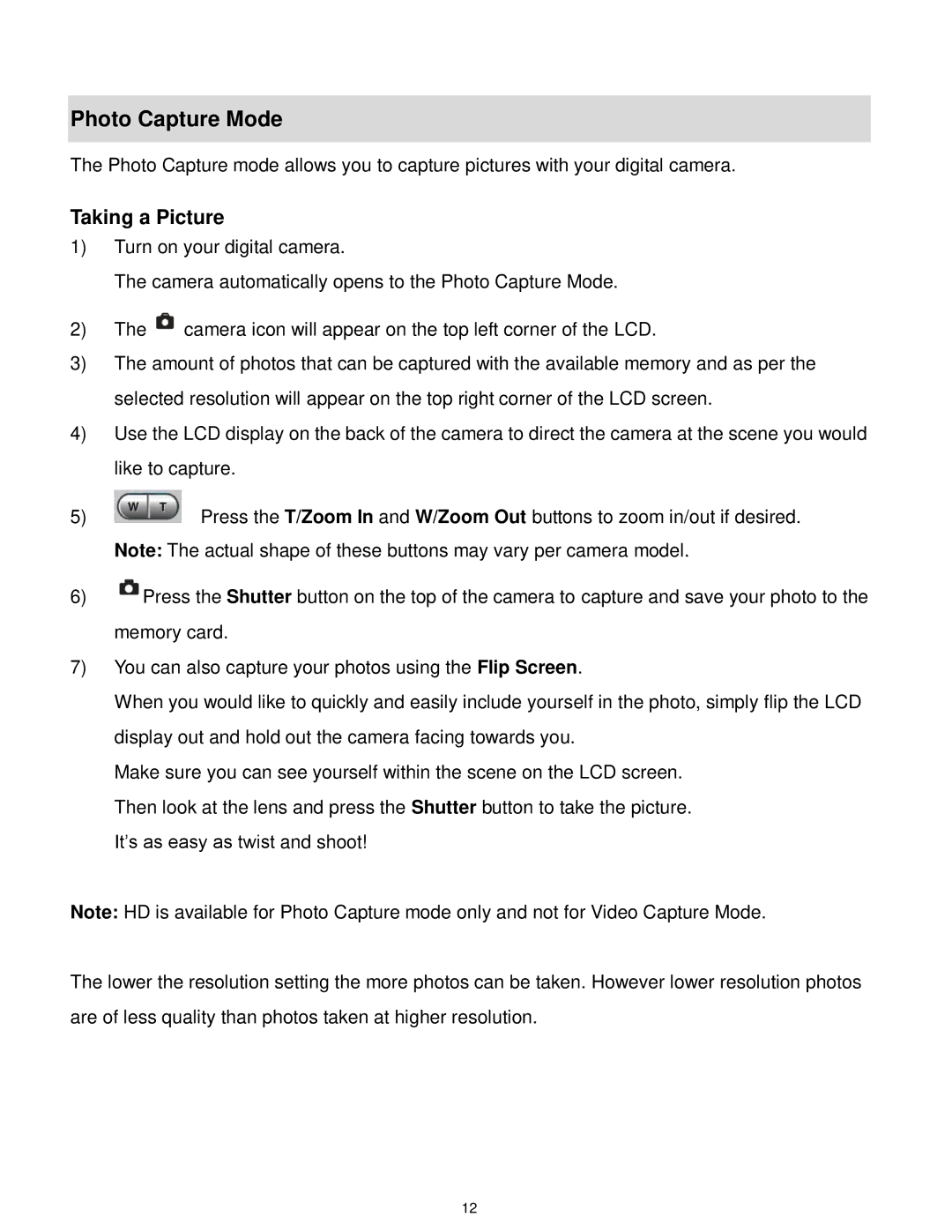 Vivitar F536 user manual Photo Capture Mode, Taking a Picture 