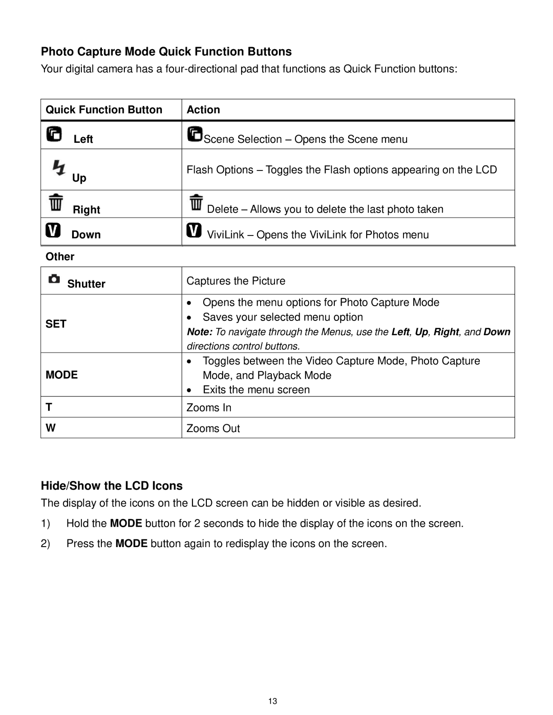 Vivitar F536 user manual Photo Capture Mode Quick Function Buttons, Hide/Show the LCD Icons 