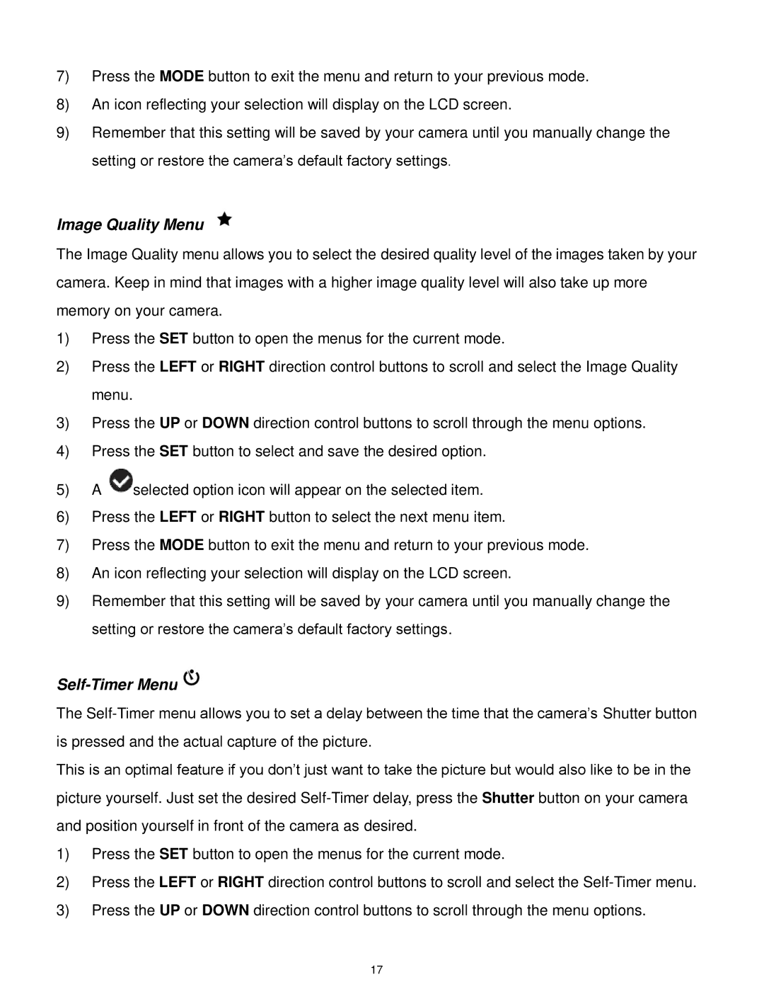 Vivitar F536 user manual Image Quality Menu, Self-Timer Menu 