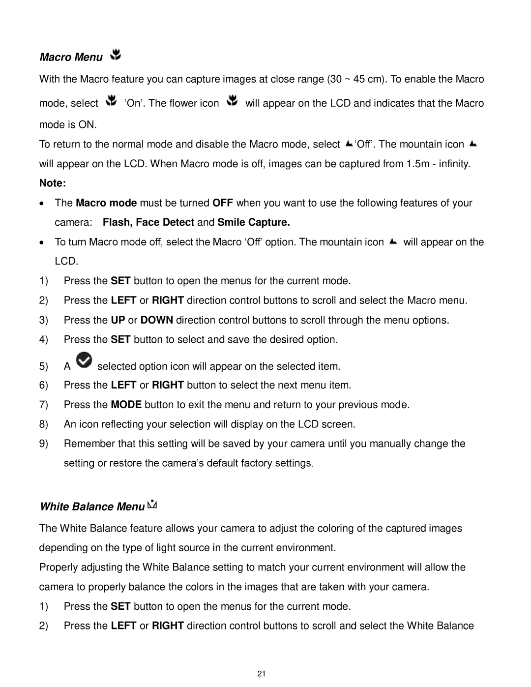 Vivitar F536 user manual Macro Menu, White Balance Menu 