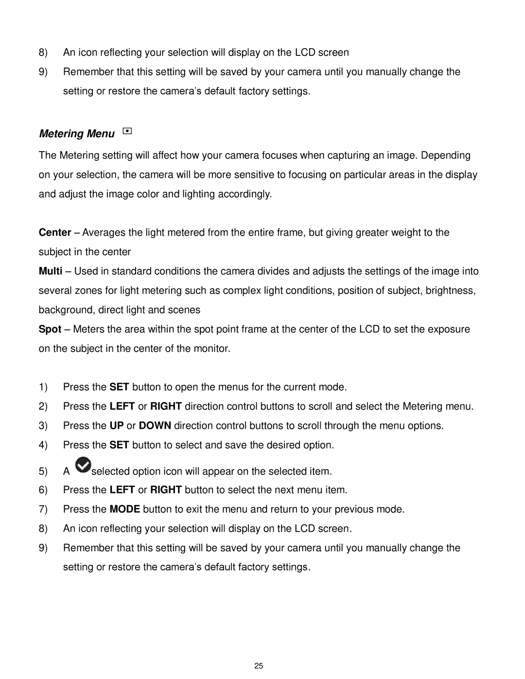 Vivitar F536 user manual Metering Menu 