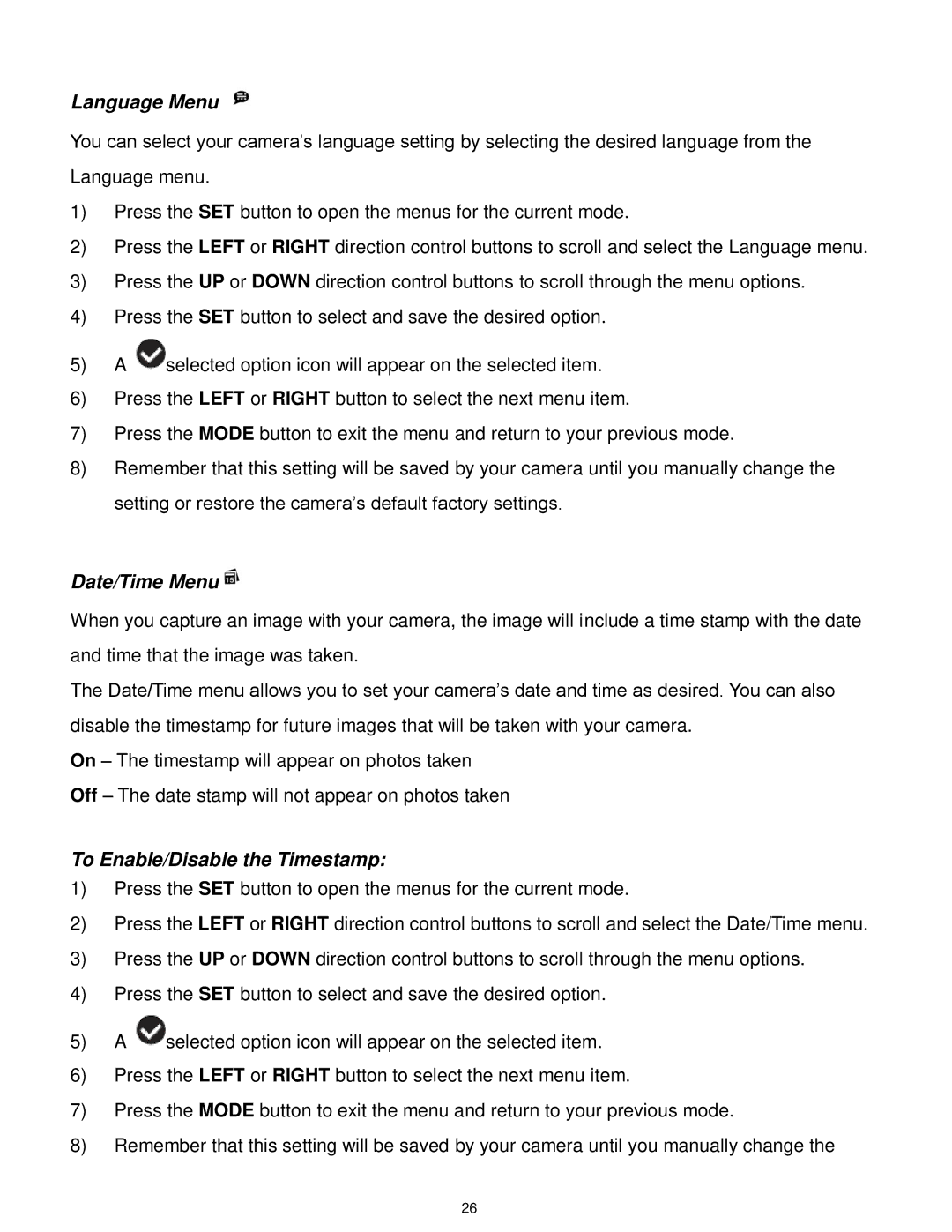 Vivitar F536 user manual Language Menu, Date/Time Menu, To Enable/Disable the Timestamp 