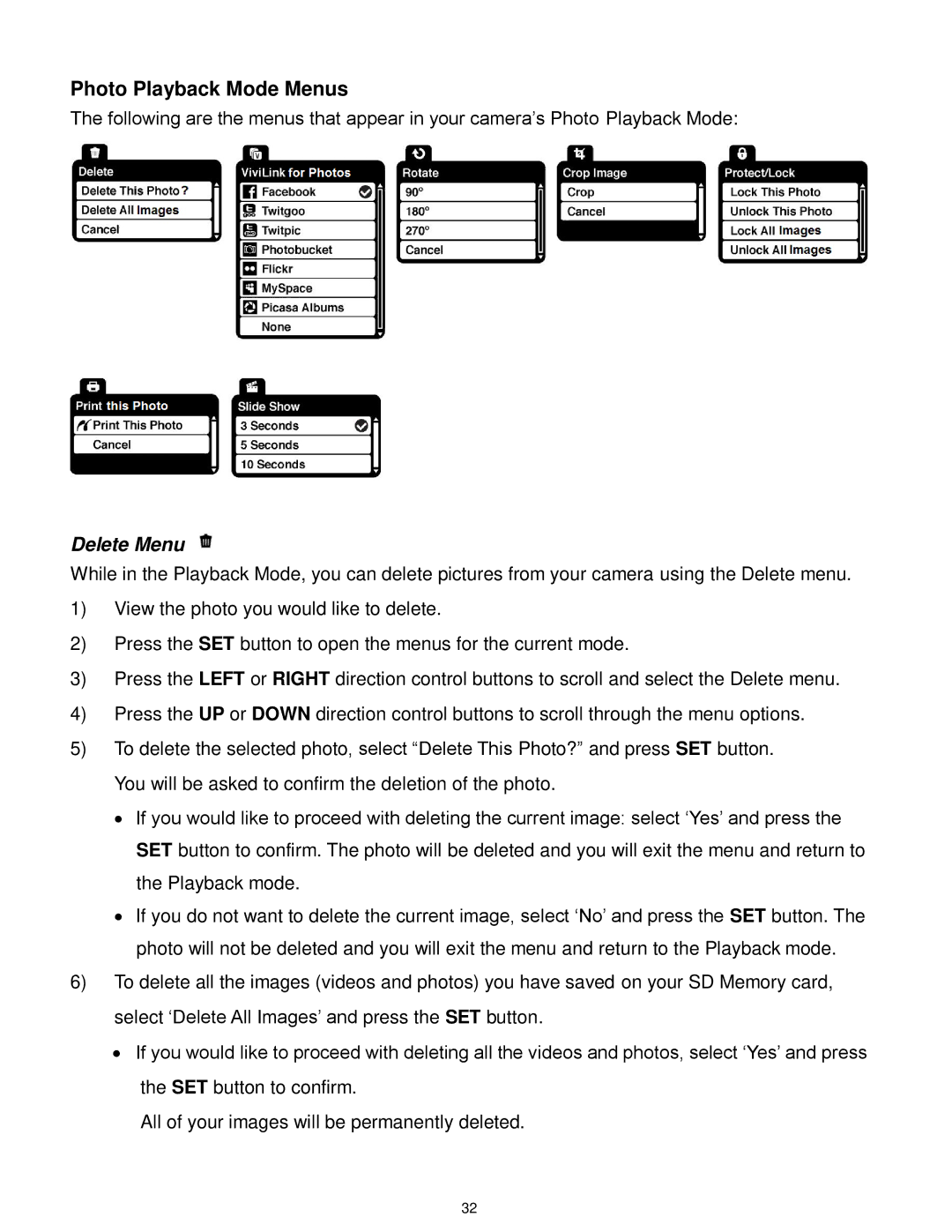 Vivitar F536 user manual Photo Playback Mode Menus, Delete Menu 