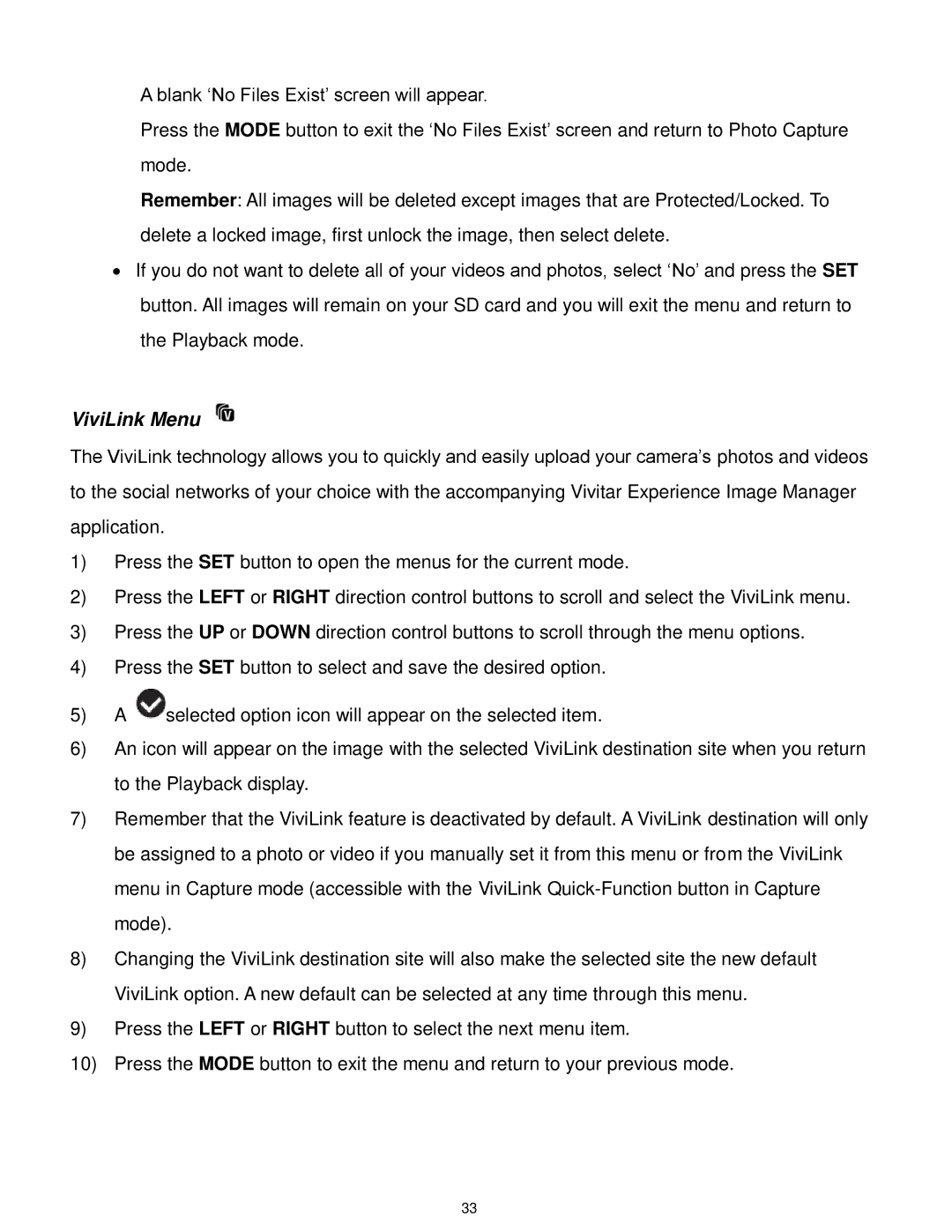 Vivitar F536 user manual ViviLink Menu 