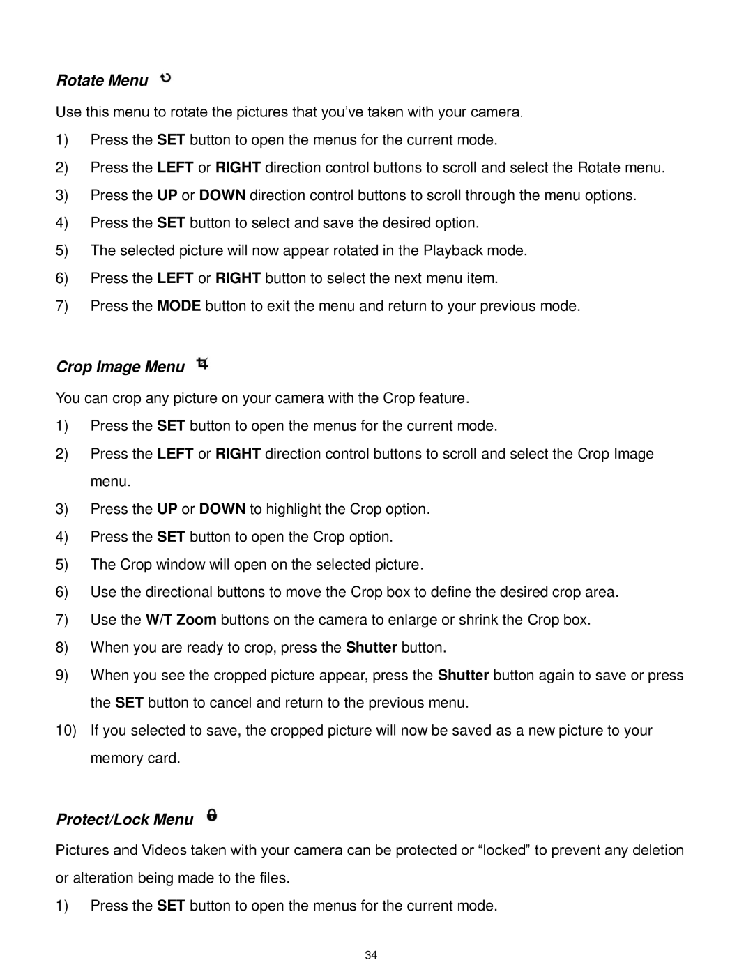 Vivitar F536 user manual Rotate Menu, Crop Image Menu, Protect/Lock Menu 