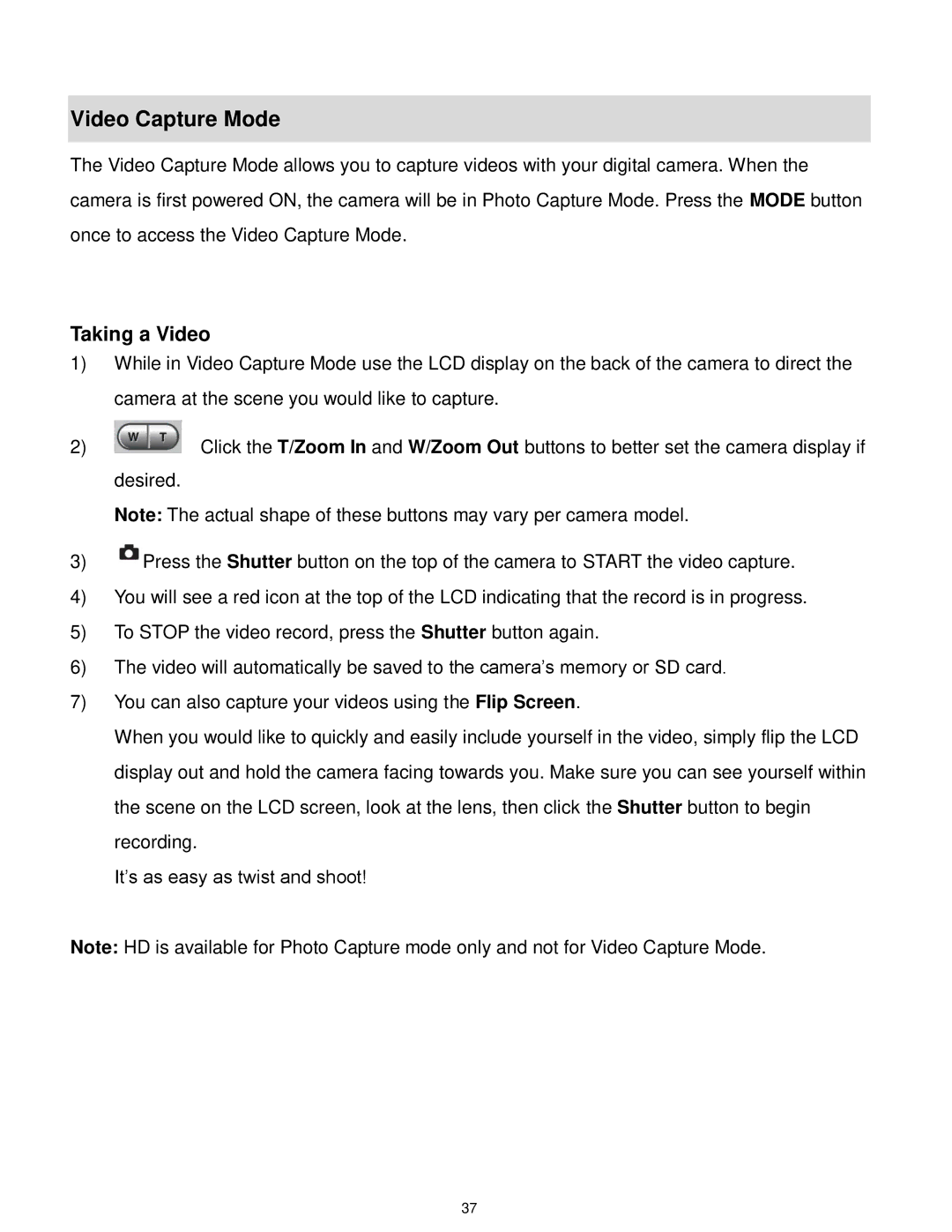 Vivitar F536 user manual Video Capture Mode, Taking a Video 