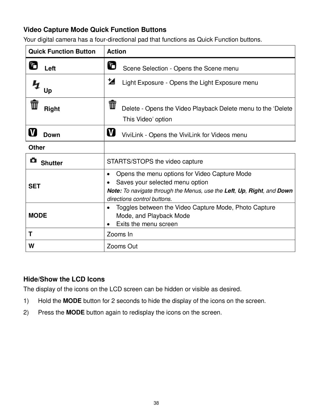 Vivitar F536 user manual Video Capture Mode Quick Function Buttons, Hide/Show the LCD Icons 